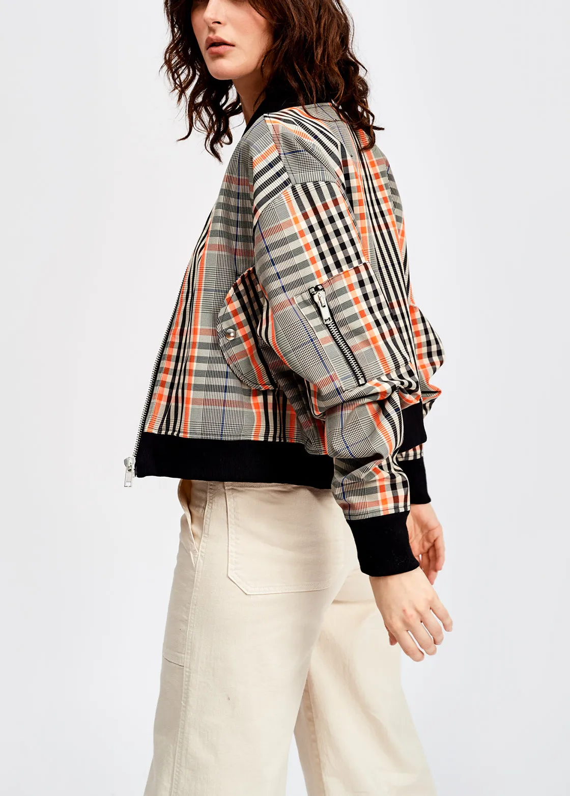 Black and orange plaid bomber jacket