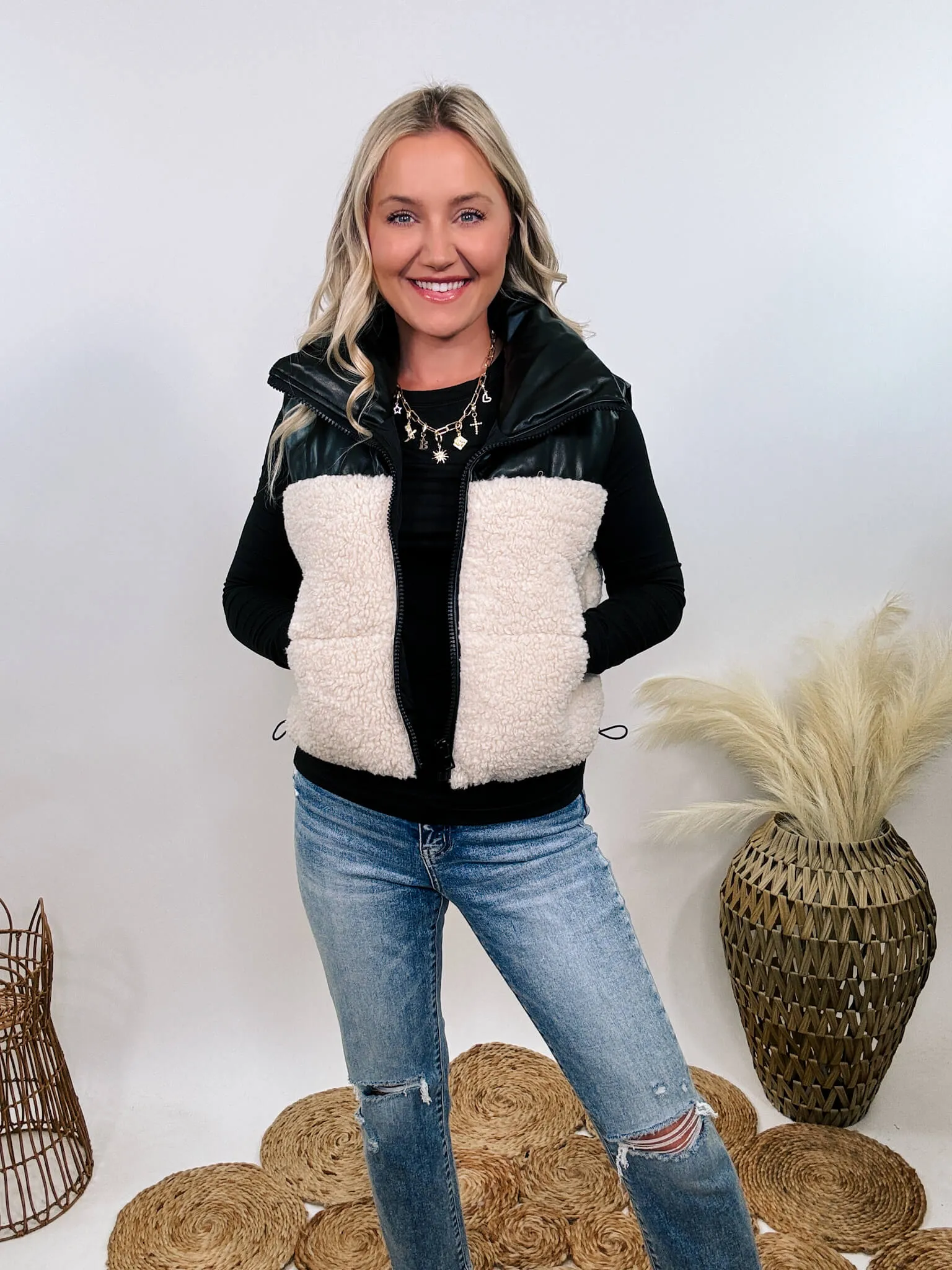 Black PU Leather and Sherpa Vest