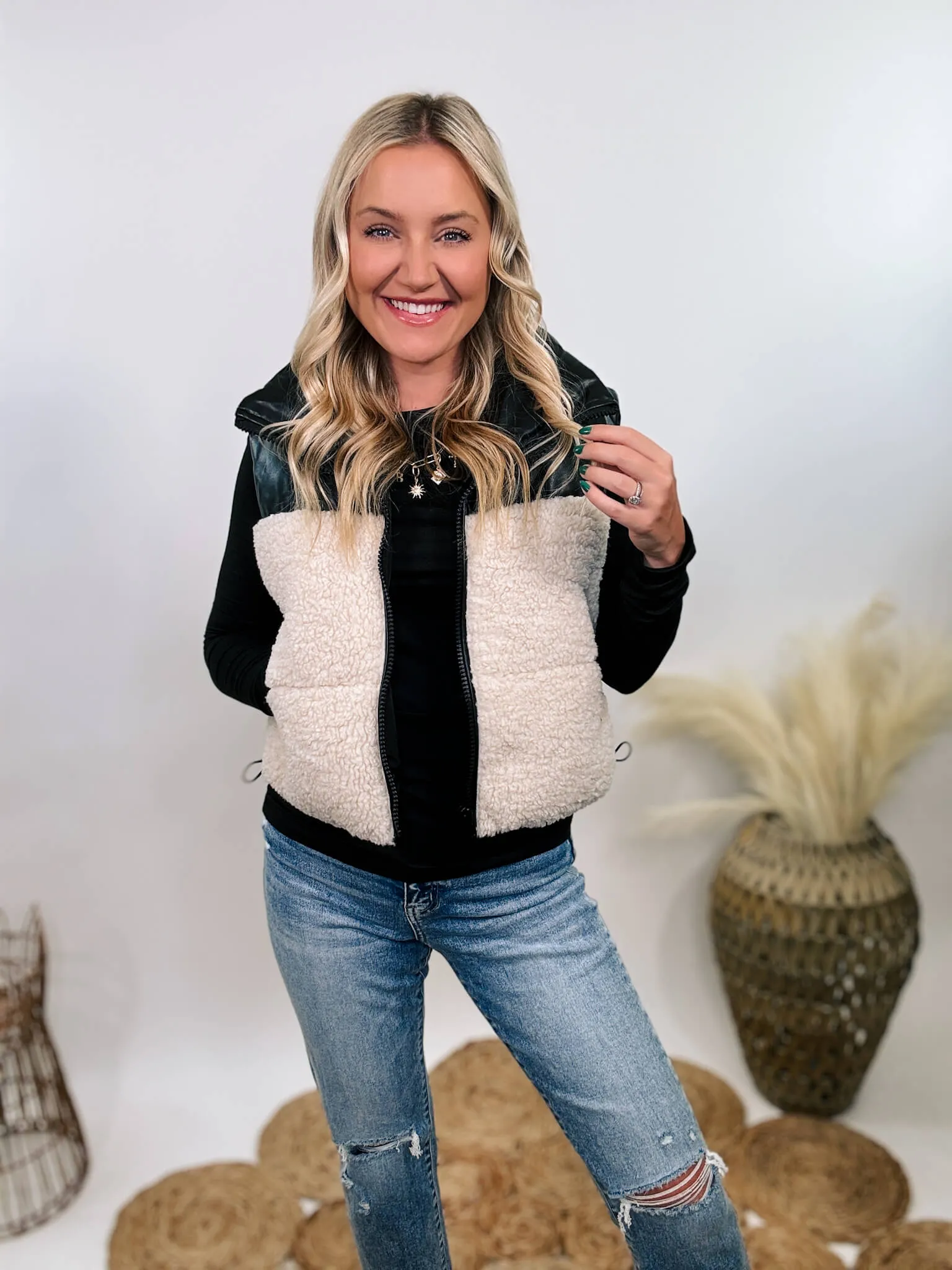 Black PU Leather and Sherpa Vest