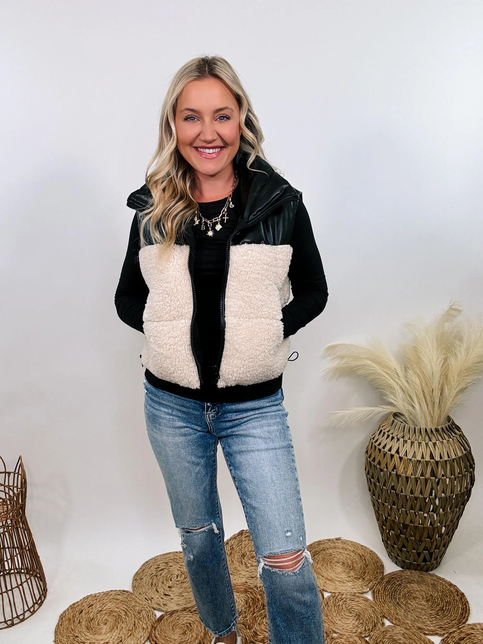 Black PU Leather and Sherpa Vest