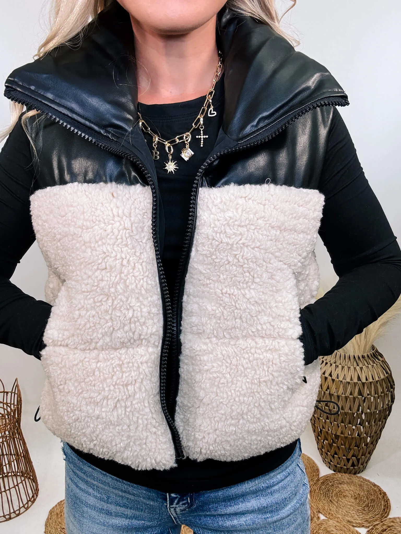 Black PU Leather and Sherpa Vest