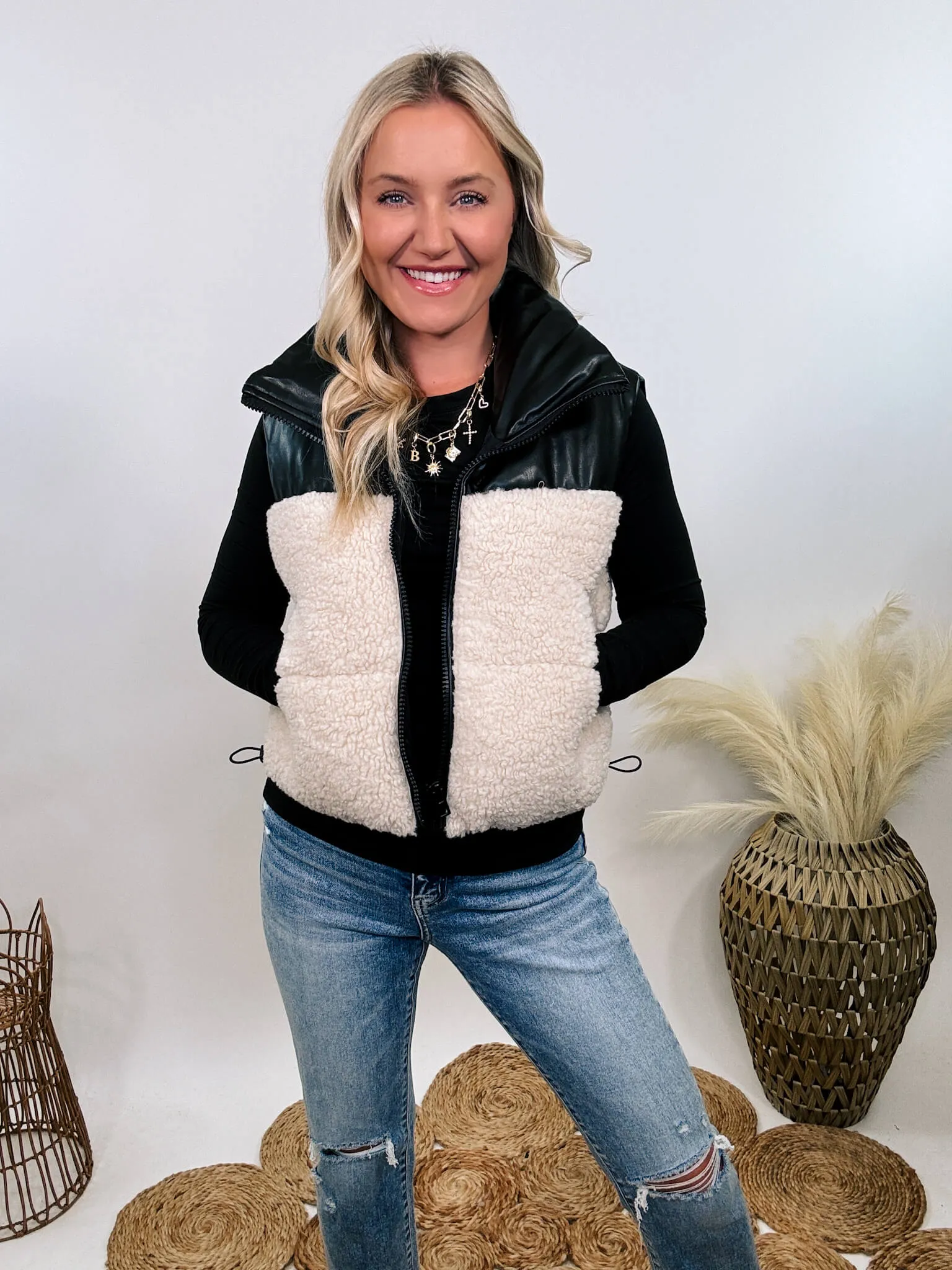 Black PU Leather and Sherpa Vest