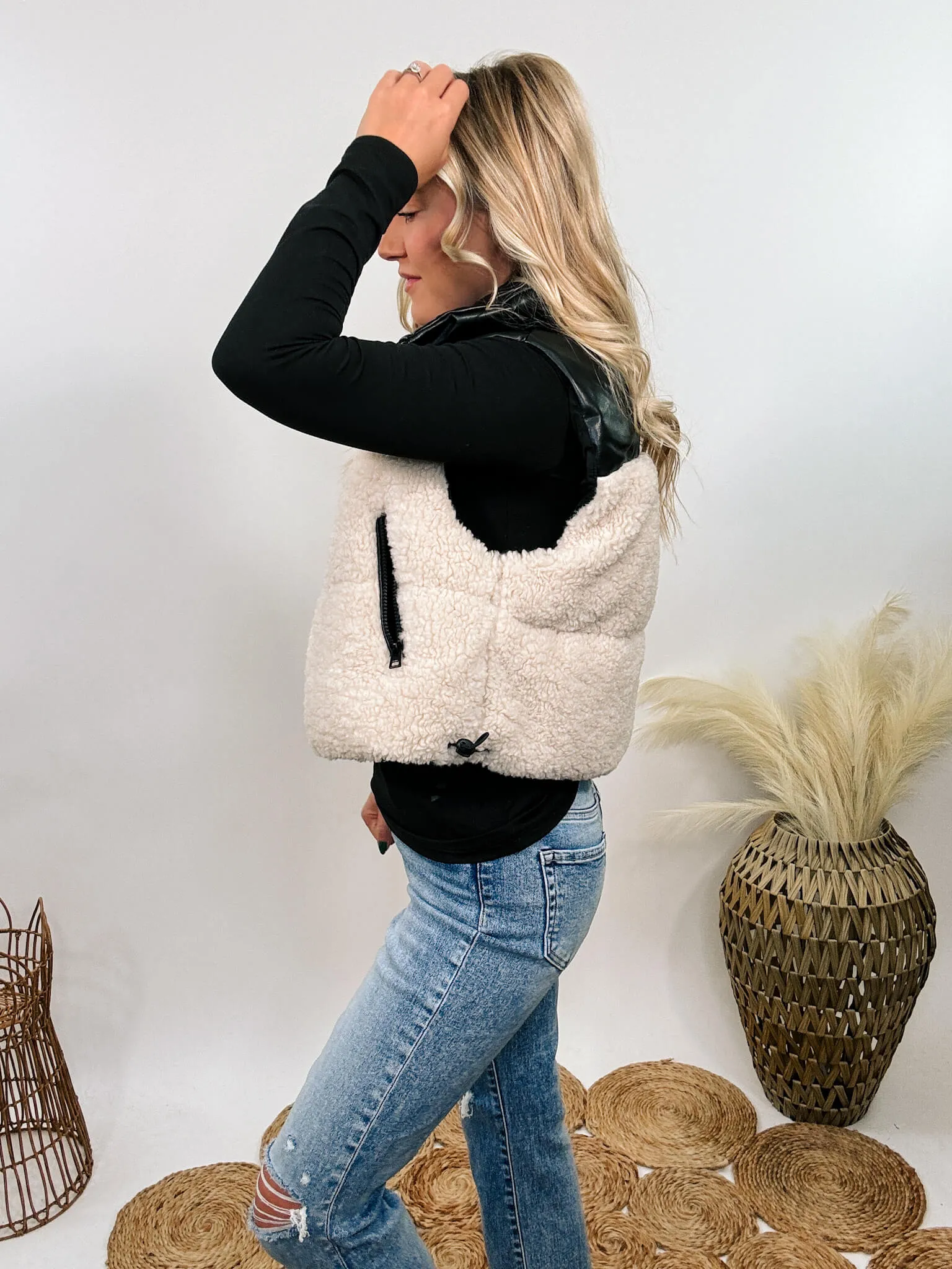 Black PU Leather and Sherpa Vest