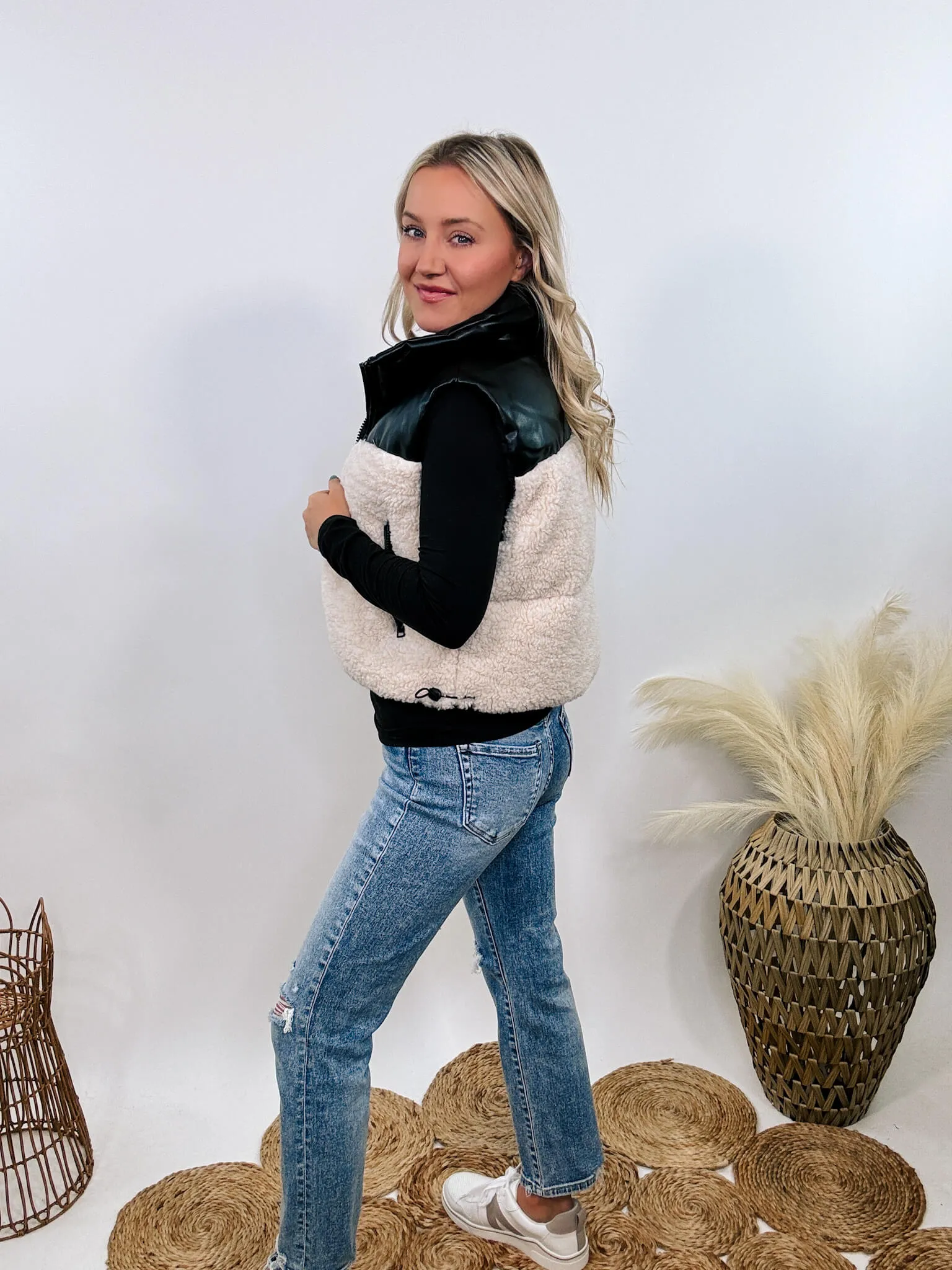Black PU Leather and Sherpa Vest