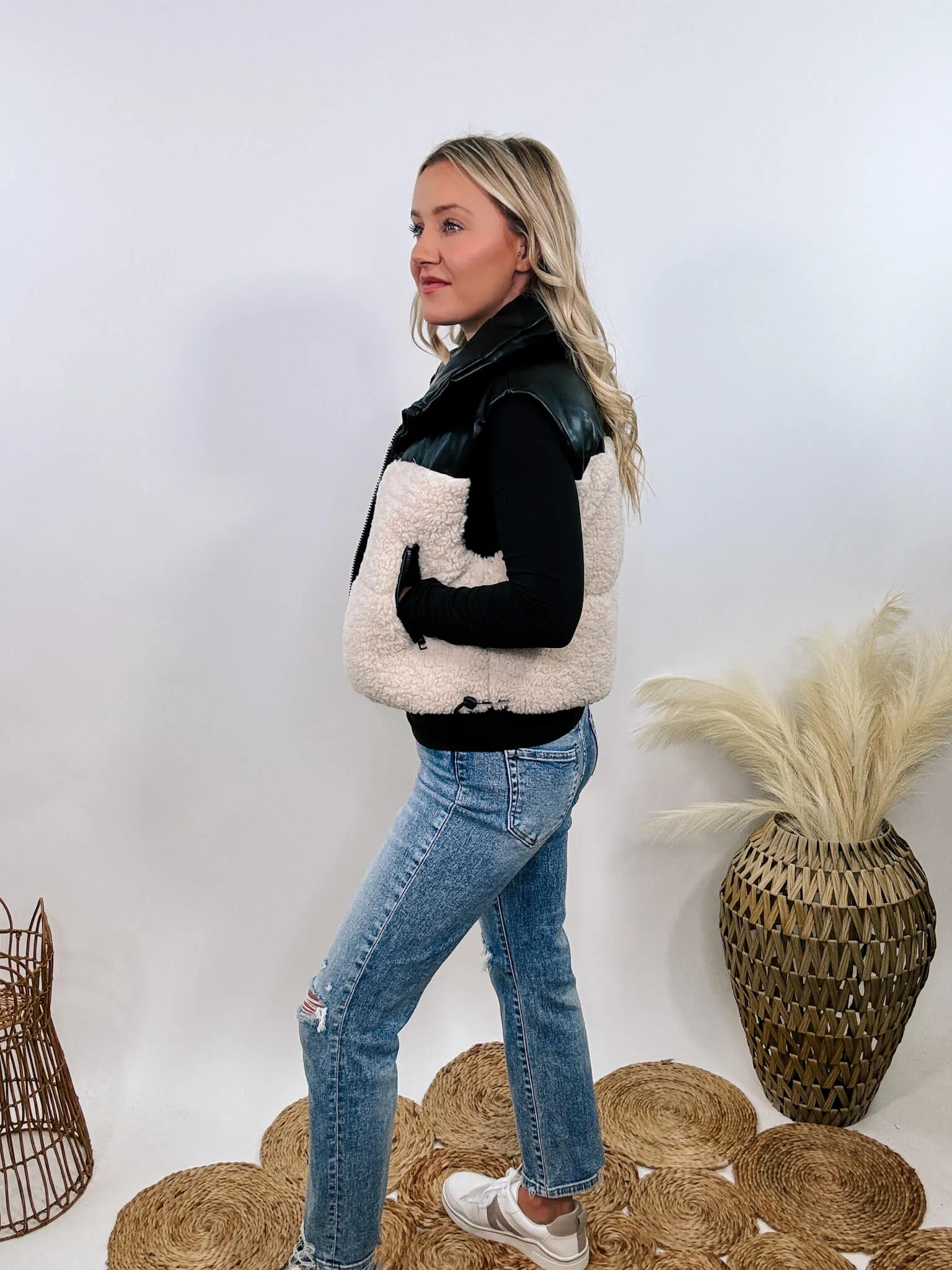 Black PU Leather and Sherpa Vest
