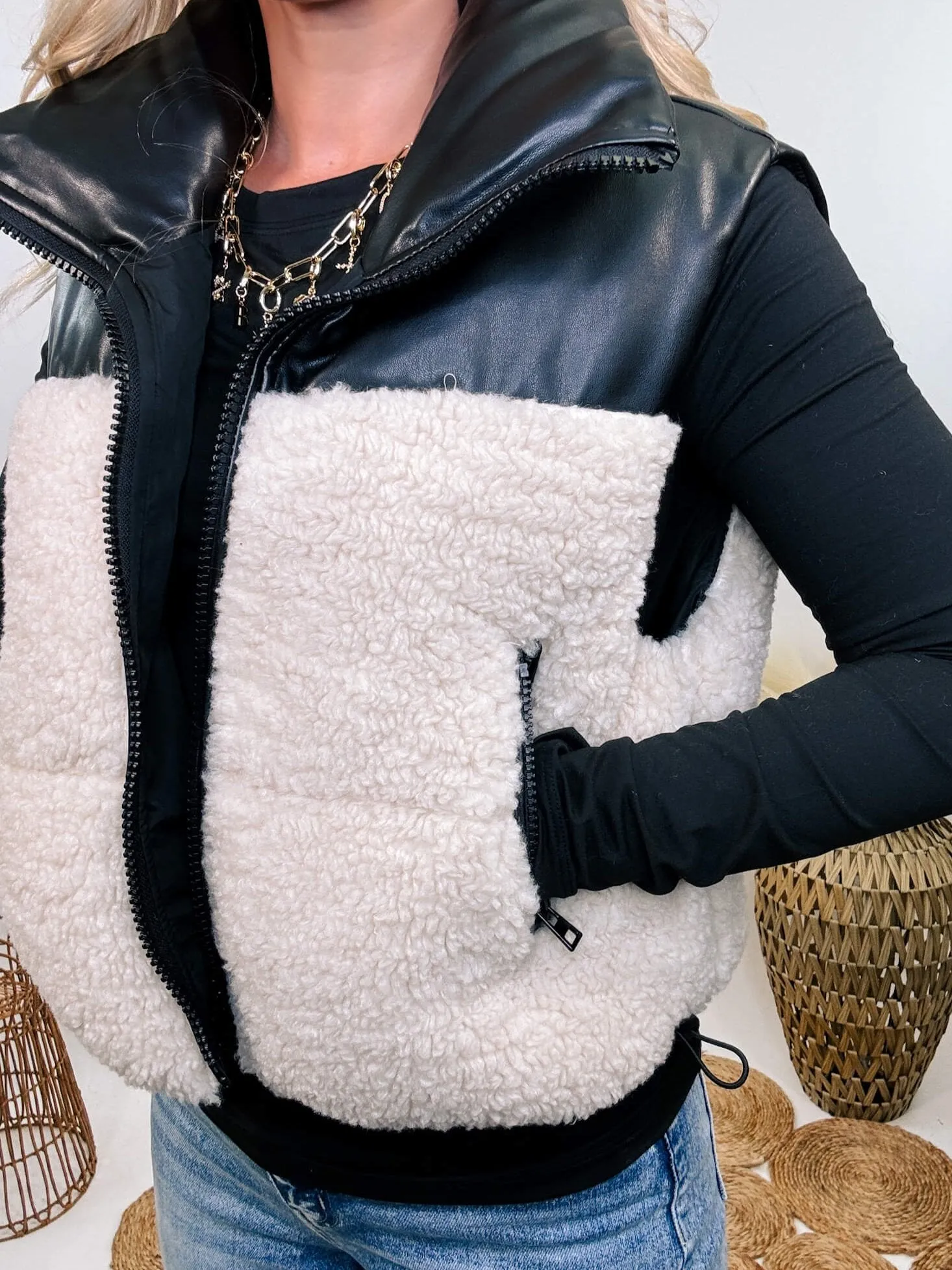 Black PU Leather and Sherpa Vest