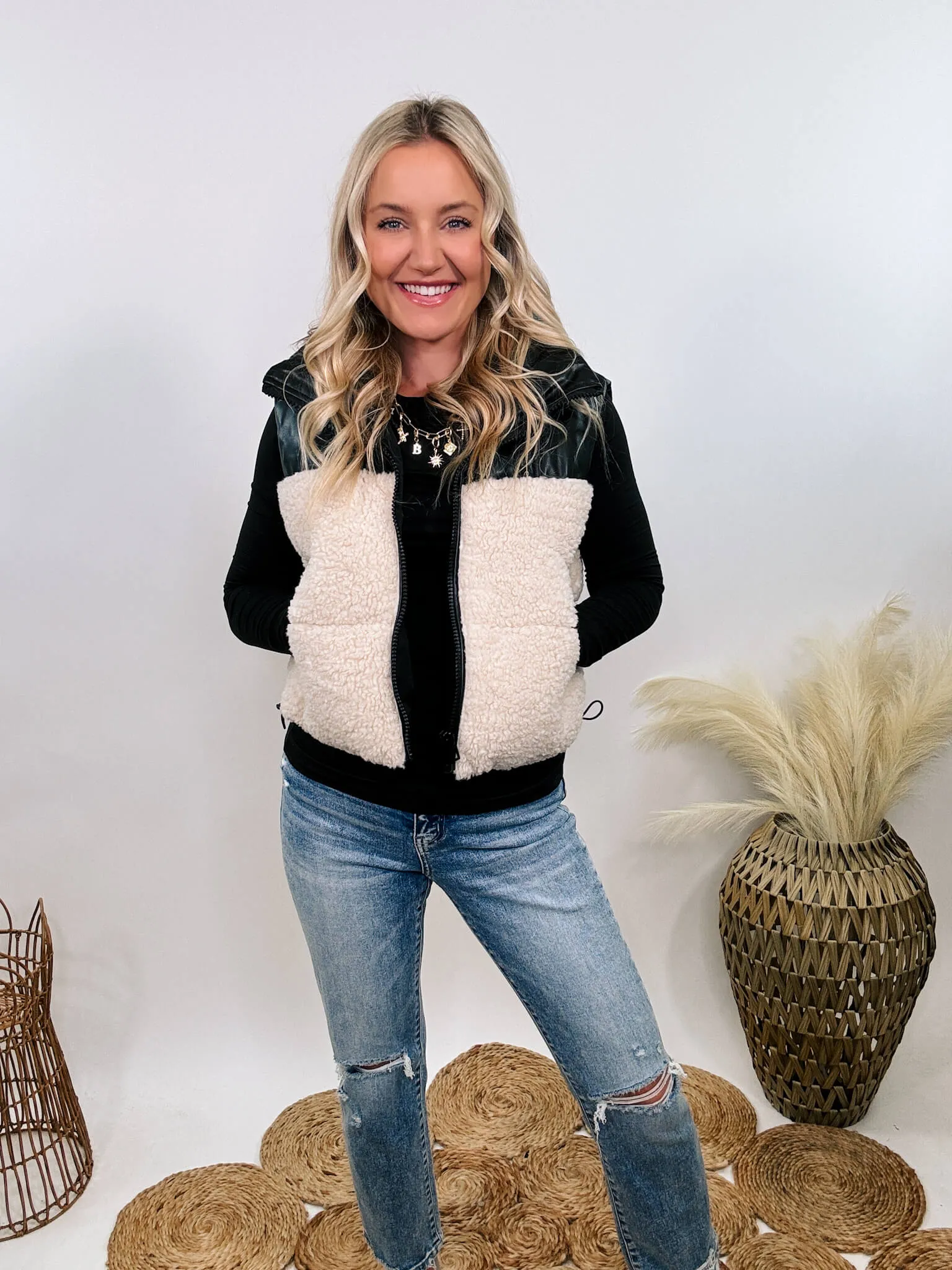 Black PU Leather and Sherpa Vest