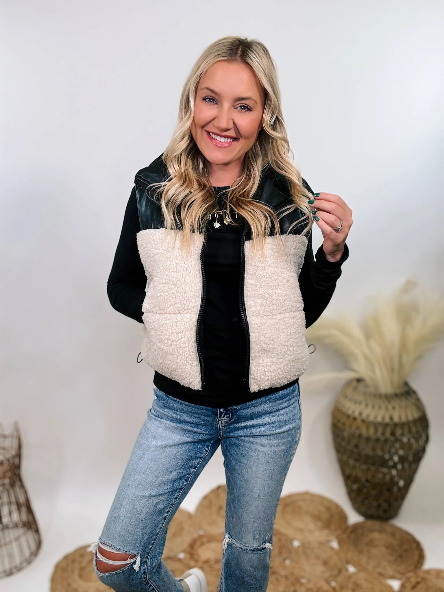 Black PU Leather and Sherpa Vest