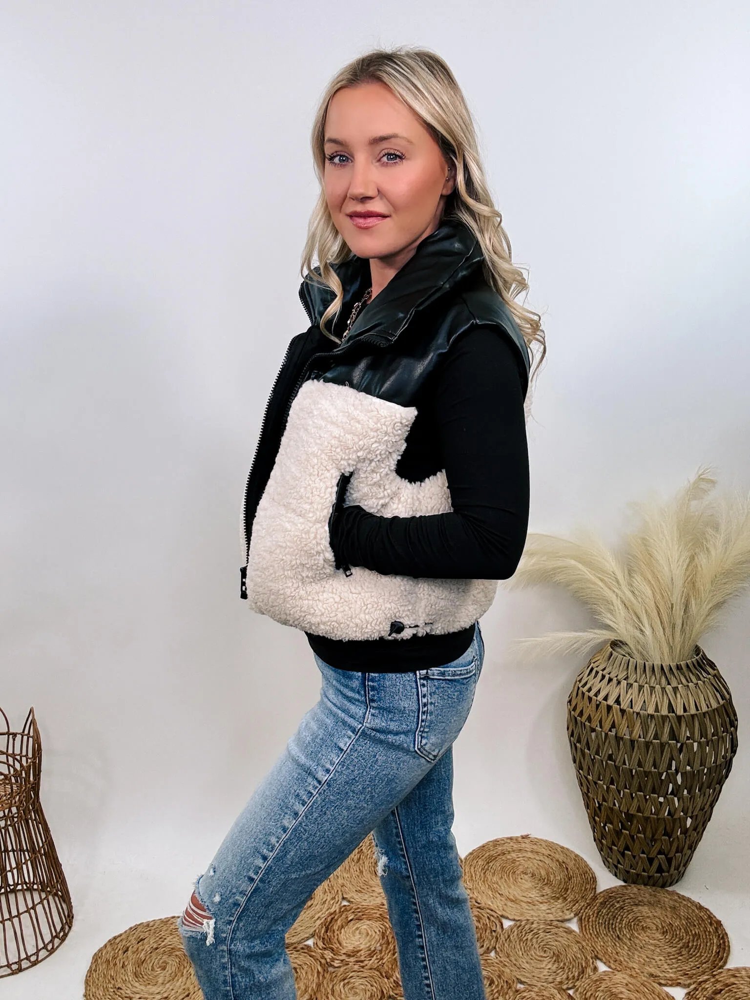 Black PU Leather and Sherpa Vest