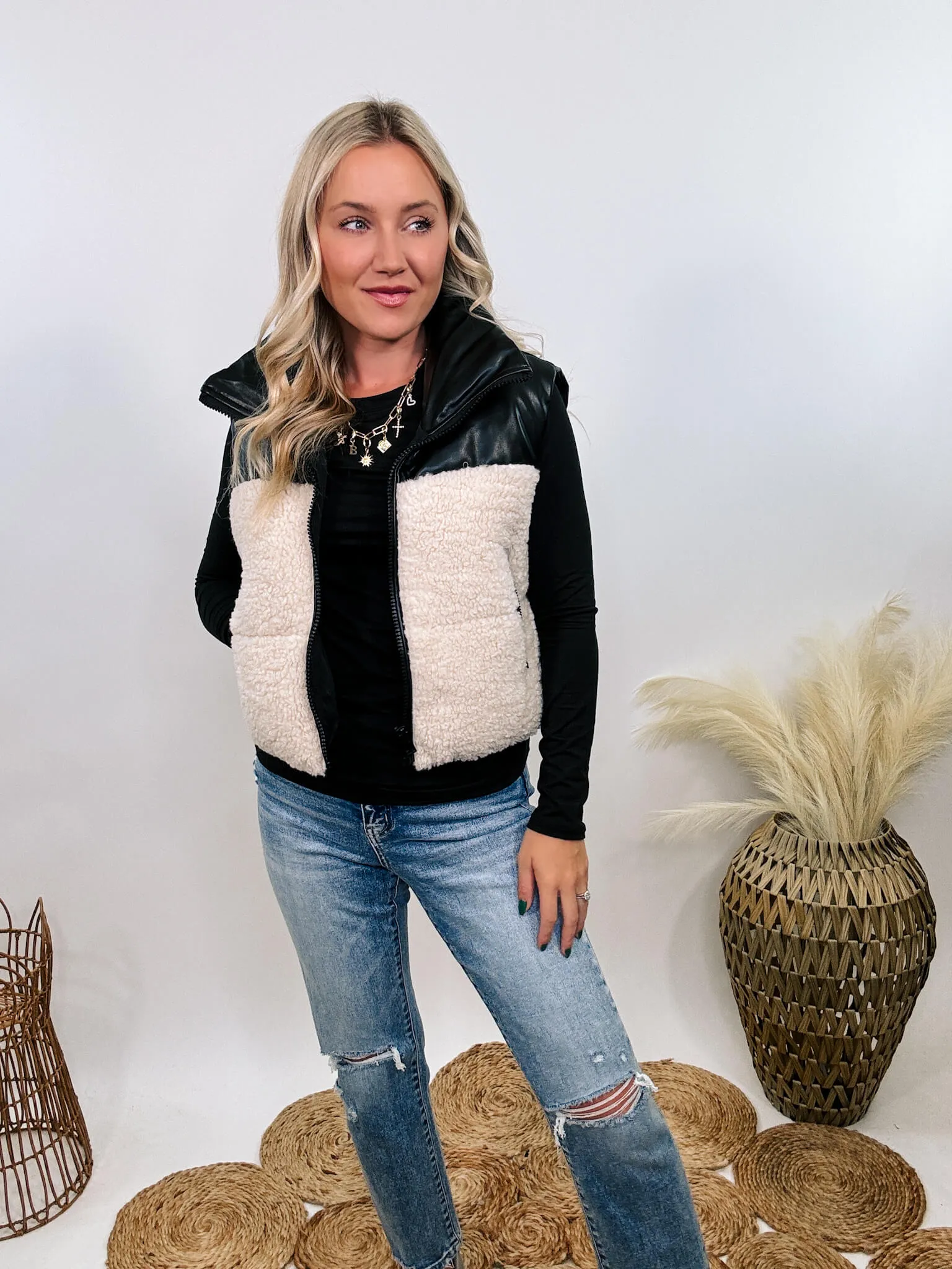 Black PU Leather and Sherpa Vest