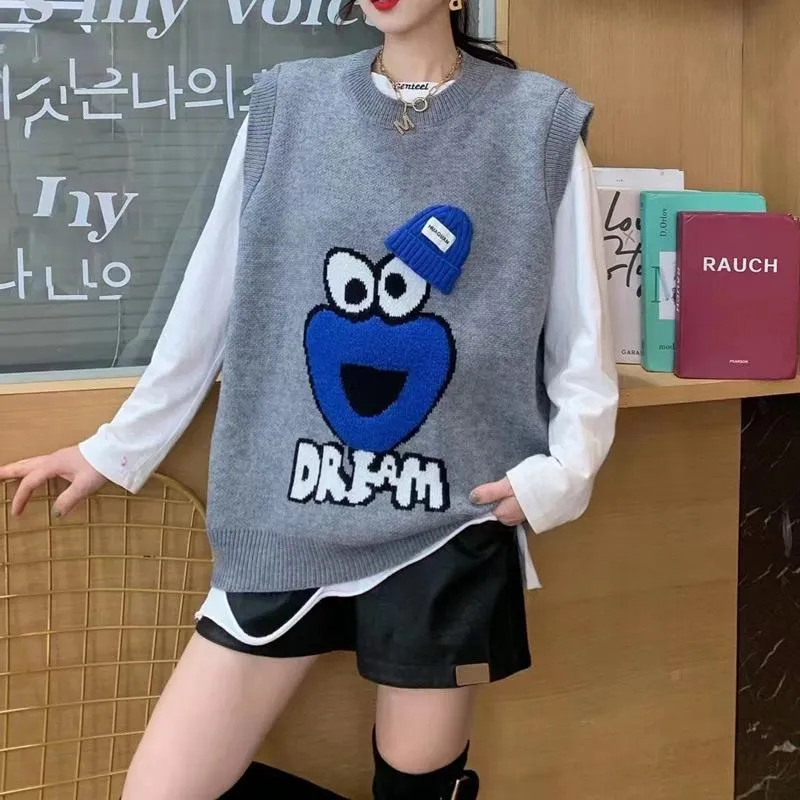 Cartoon Embroidery Klein Blue Outerwear Knitted Loose Fit Sweater Vest