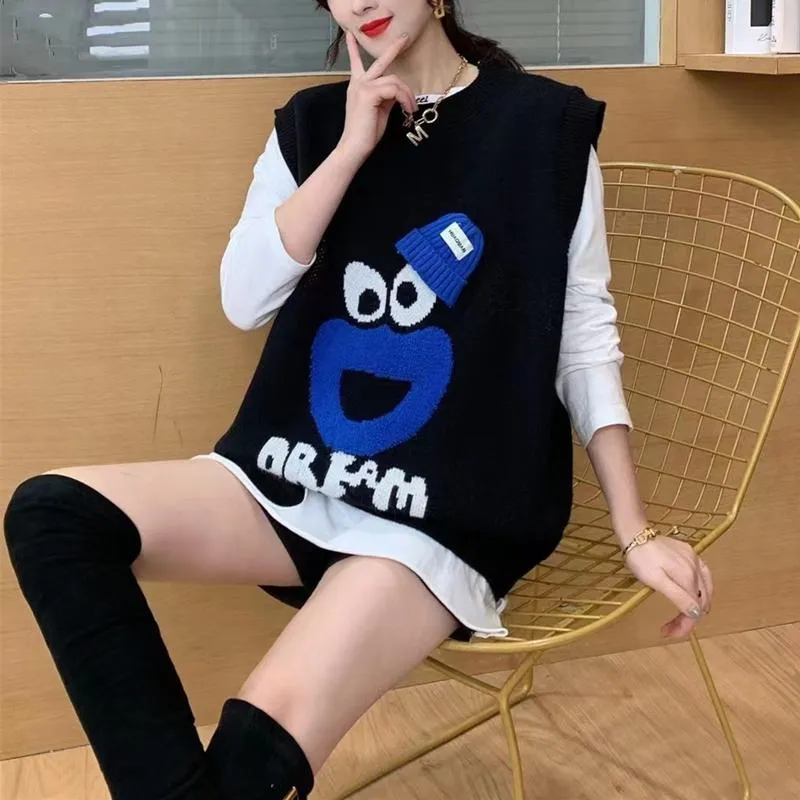 Cartoon Embroidery Klein Blue Outerwear Knitted Loose Fit Sweater Vest