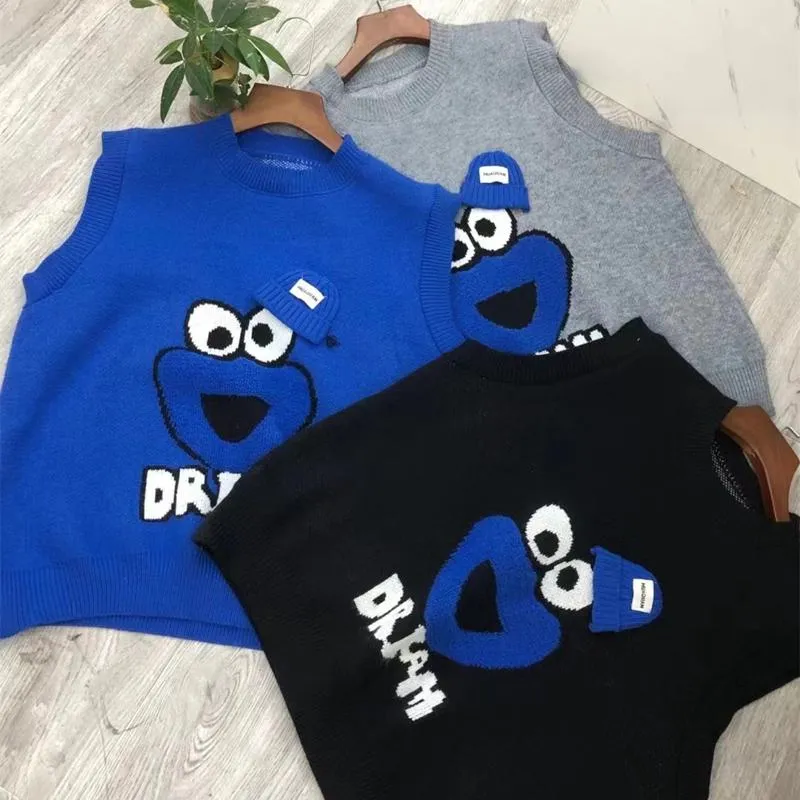 Cartoon Embroidery Klein Blue Outerwear Knitted Loose Fit Sweater Vest