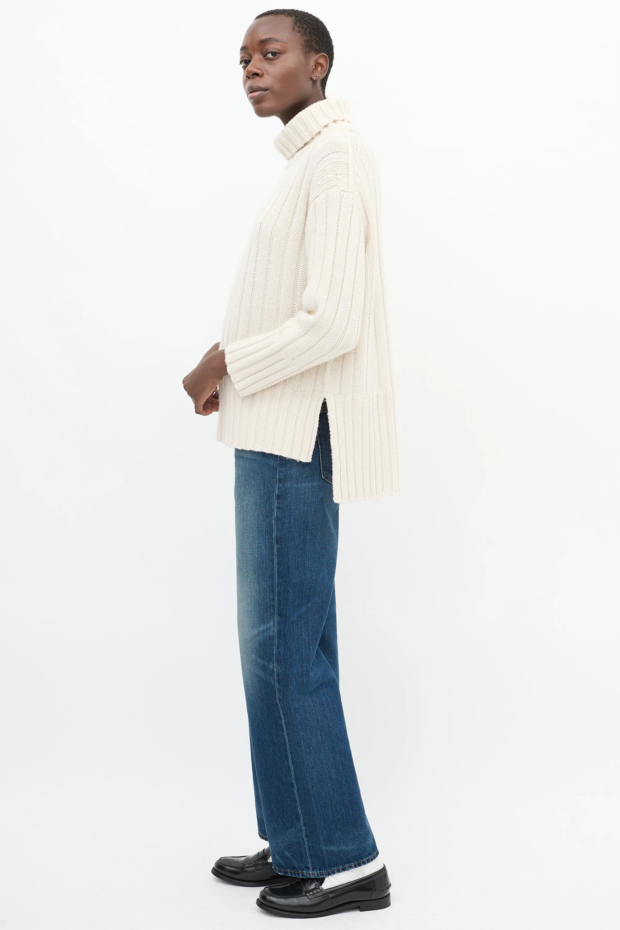 Cream Cashmere Knit High Low Turtleneck Sweater
