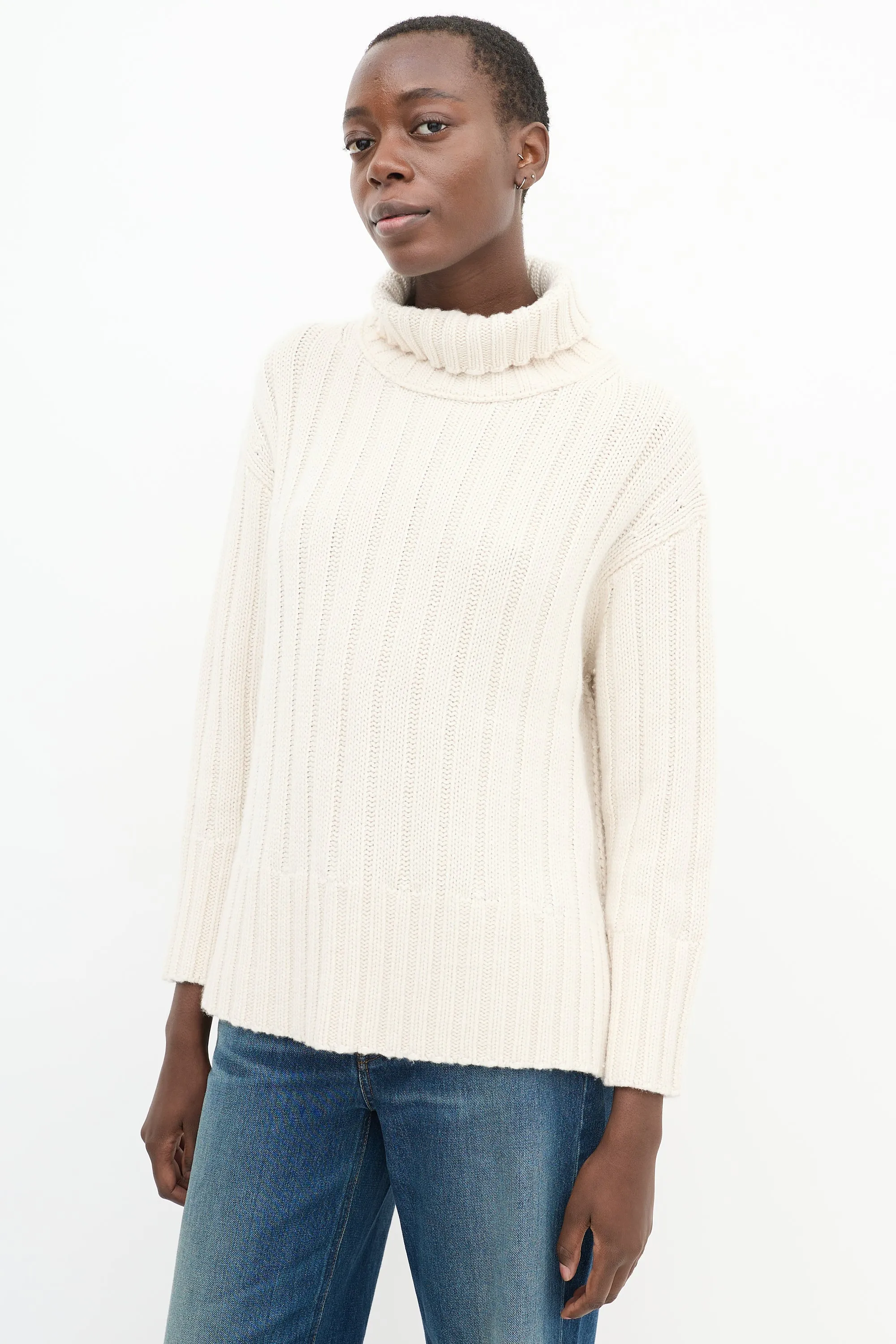 Cream Cashmere Knit High Low Turtleneck Sweater