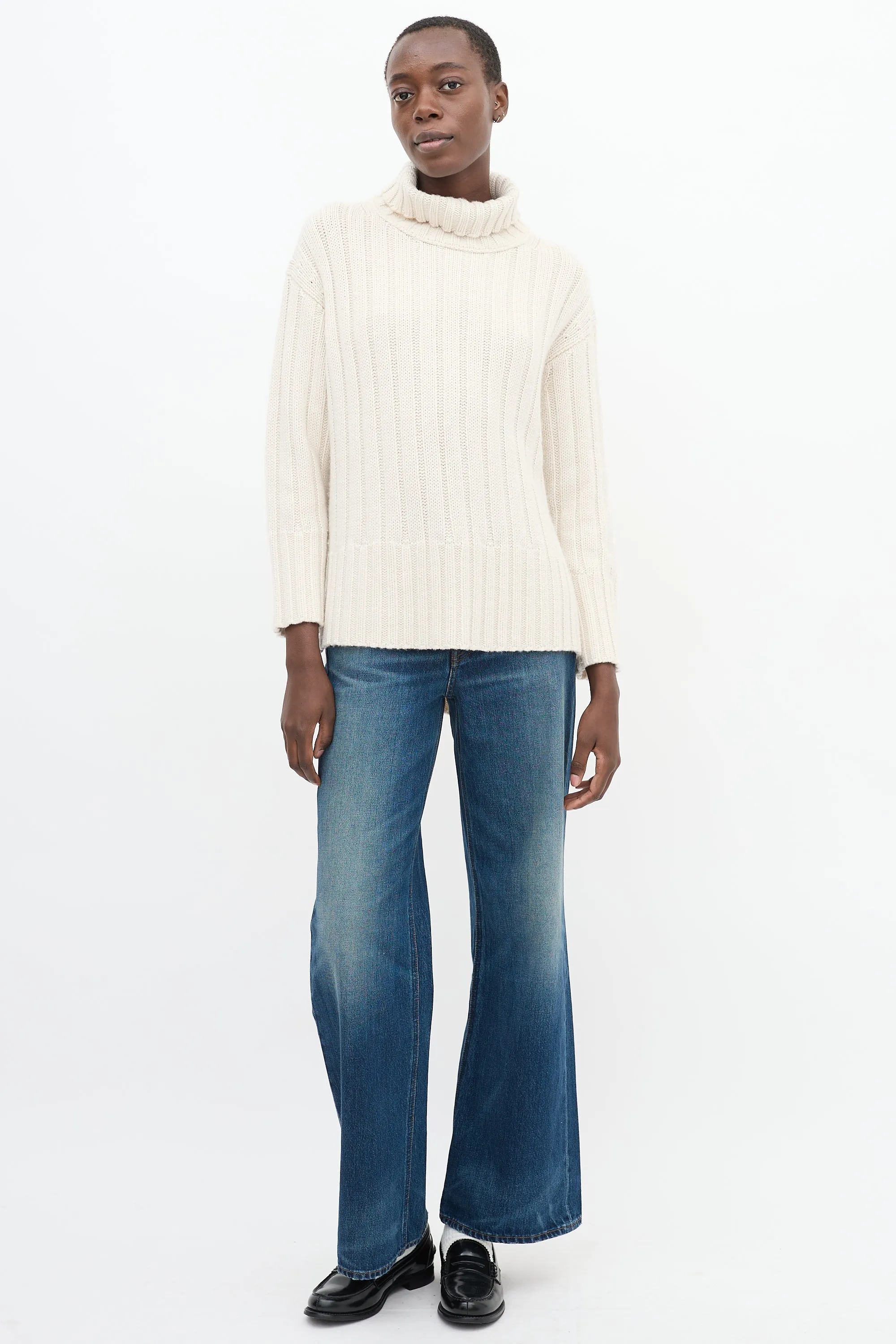 Cream Cashmere Knit High Low Turtleneck Sweater