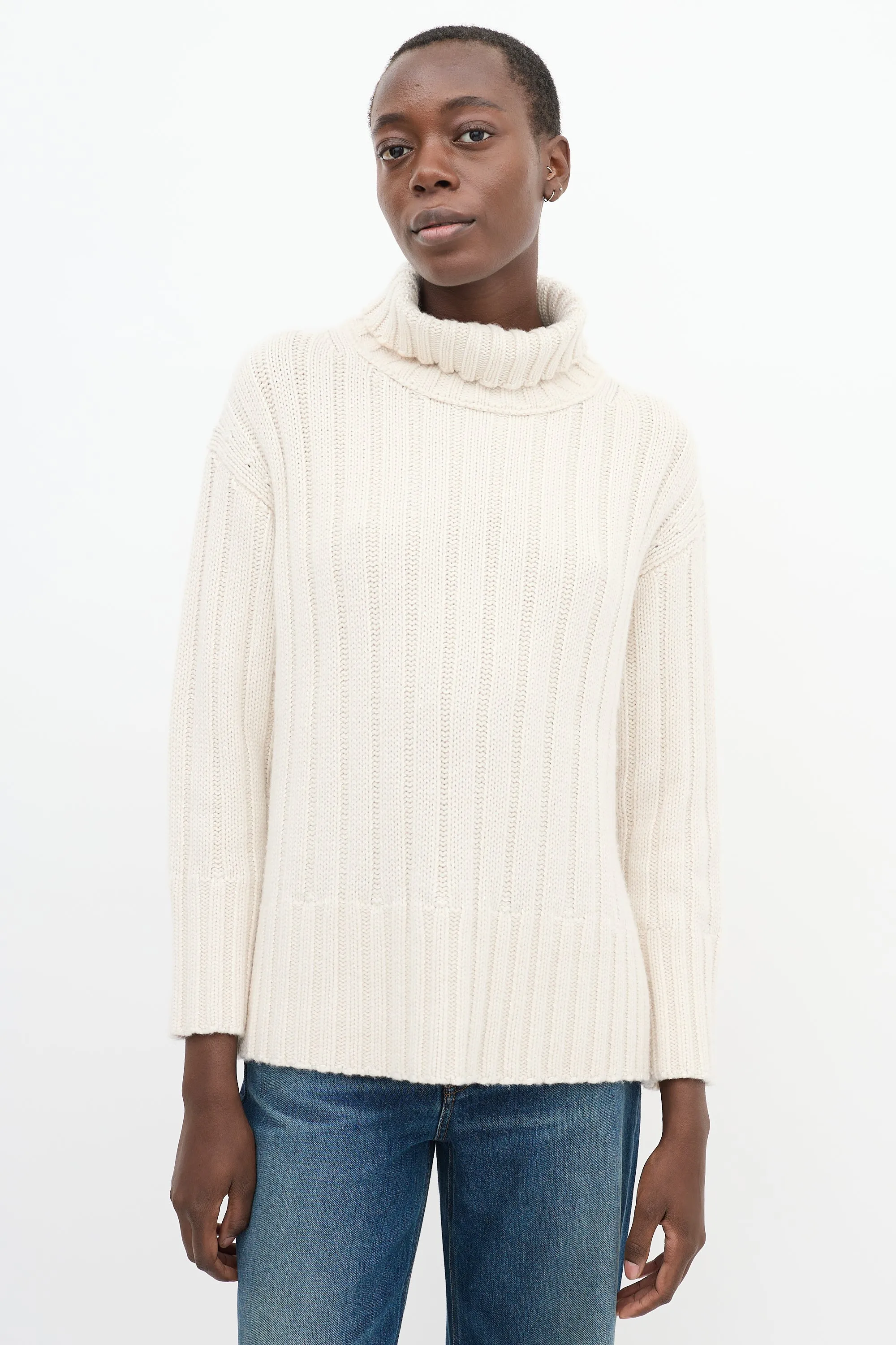 Cream Cashmere Knit High Low Turtleneck Sweater