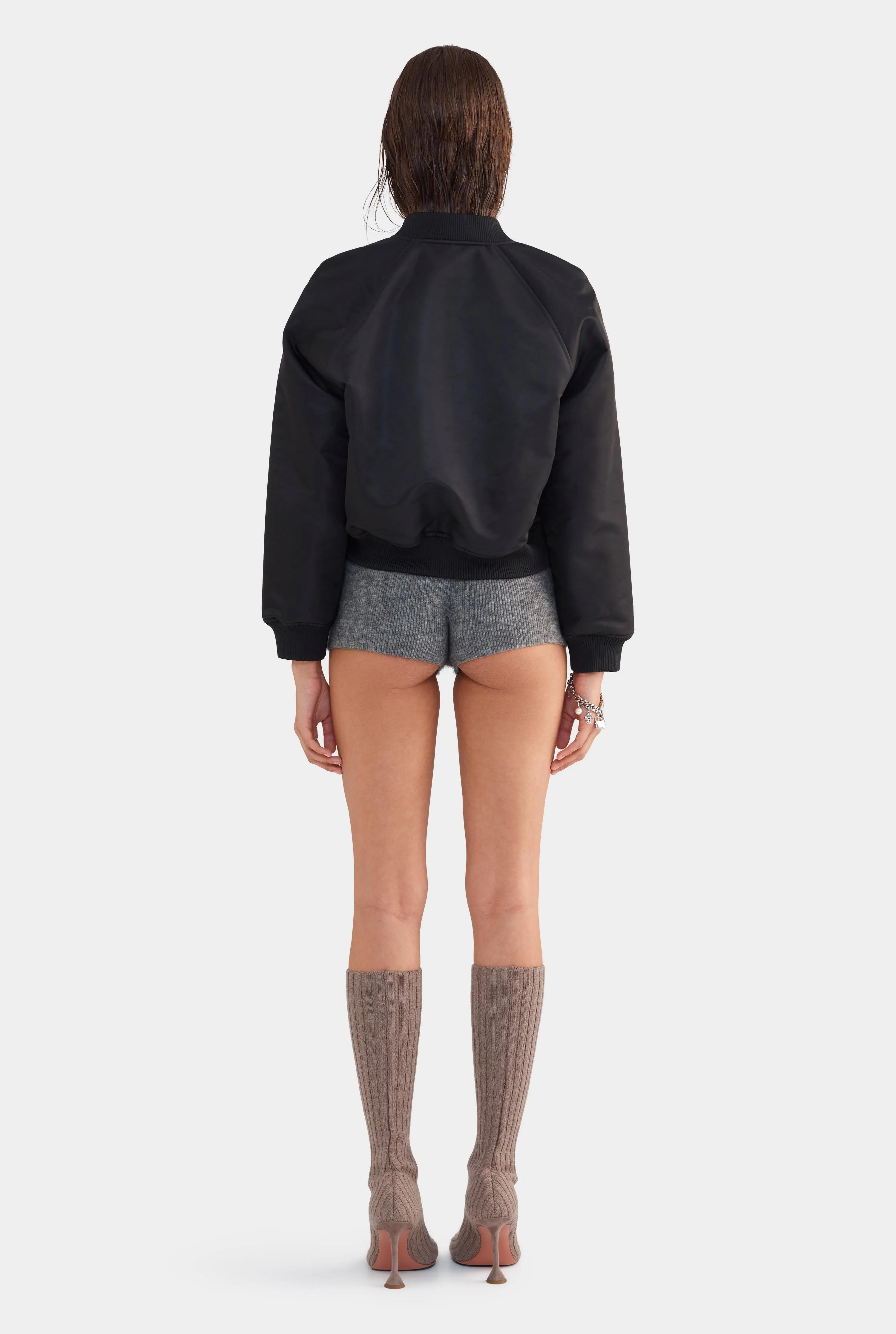 Cropped Nylon Bomber Jacket - Black