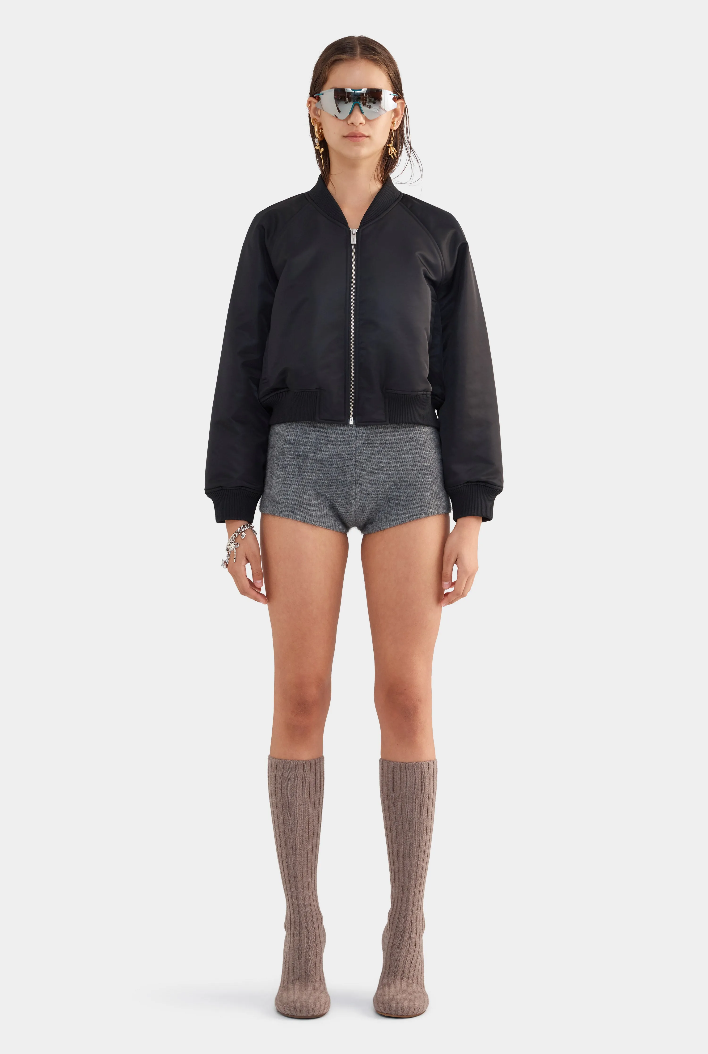 Cropped Nylon Bomber Jacket - Black