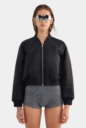 Cropped Nylon Bomber Jacket - Black