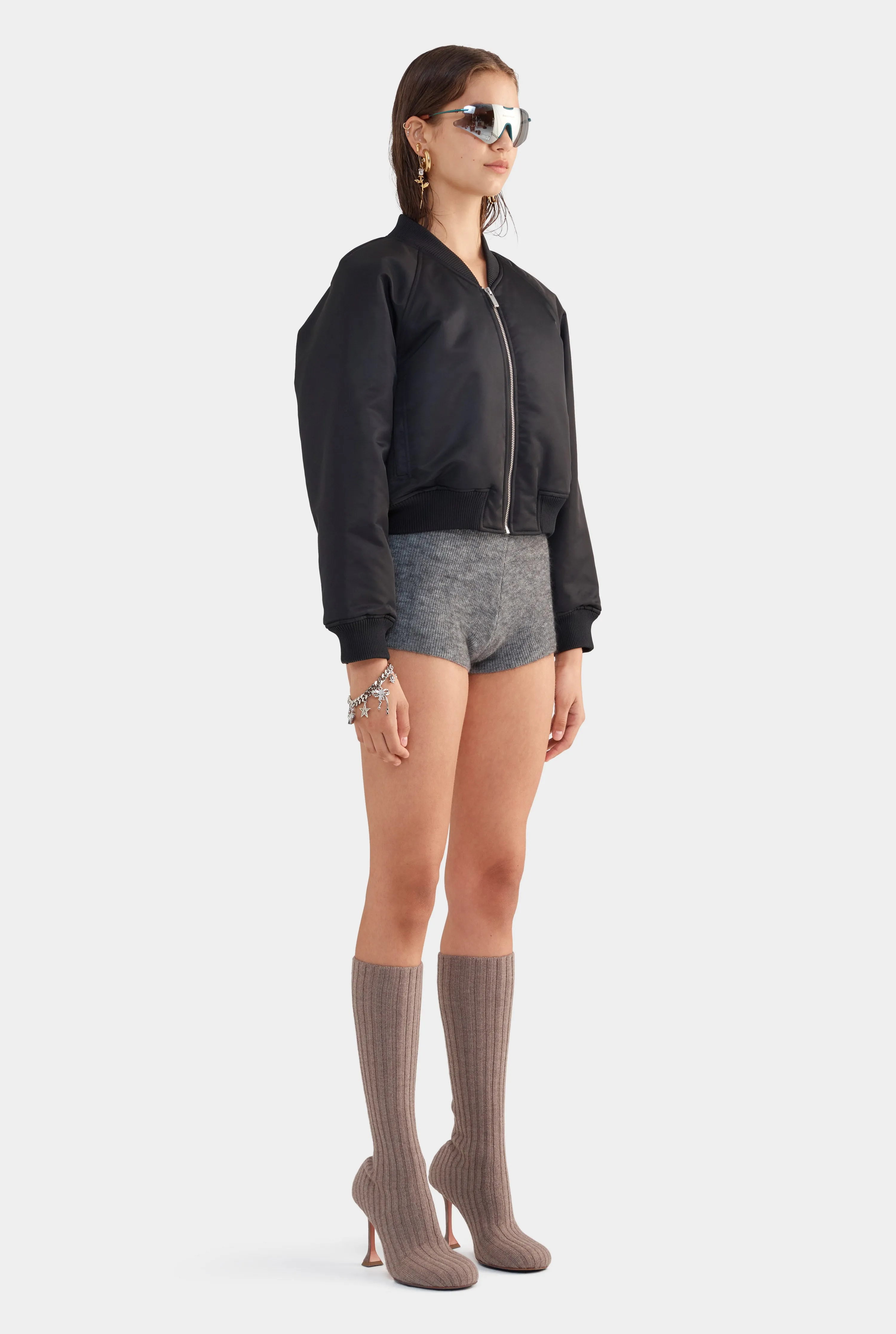 Cropped Nylon Bomber Jacket - Black