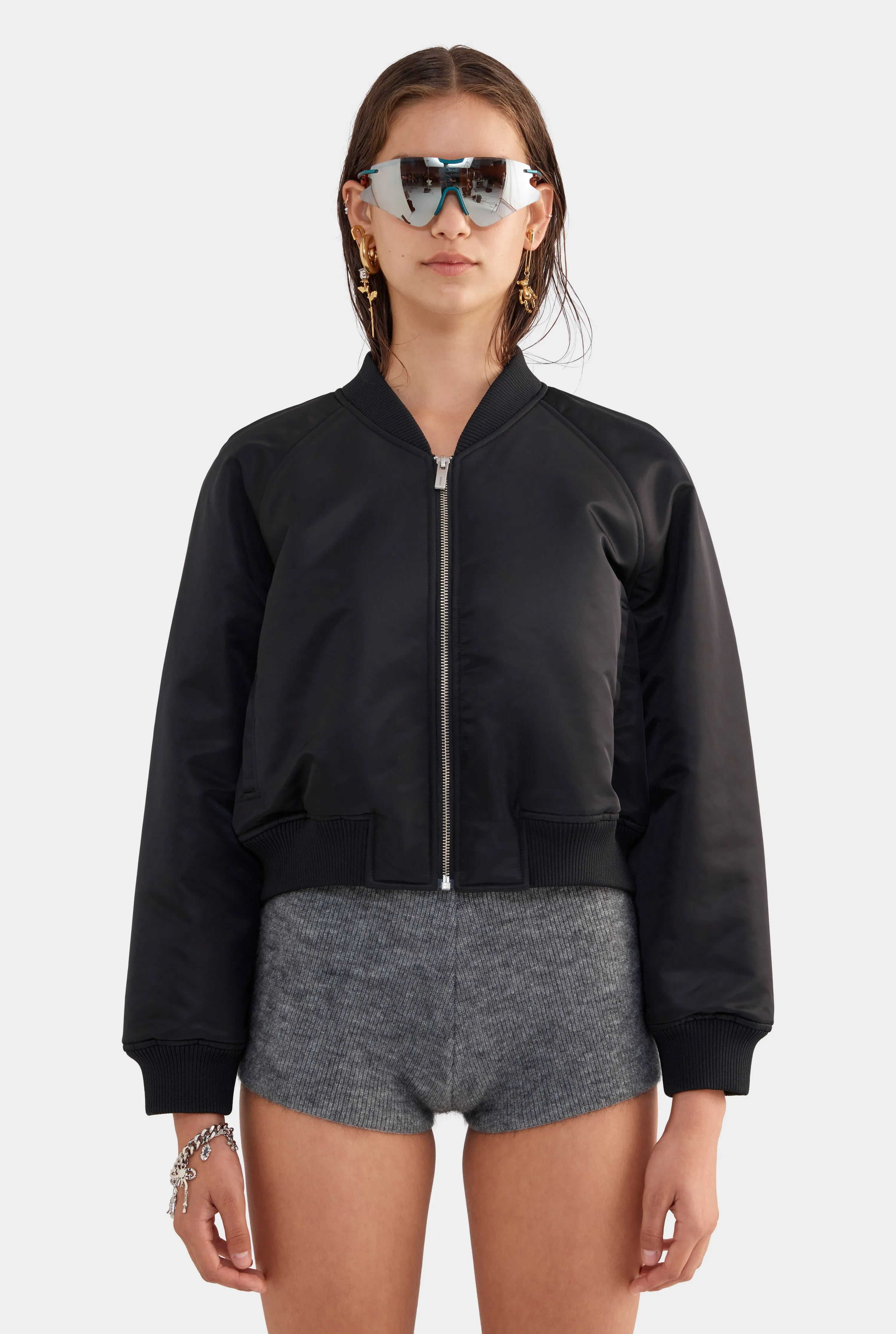 Cropped Nylon Bomber Jacket - Black