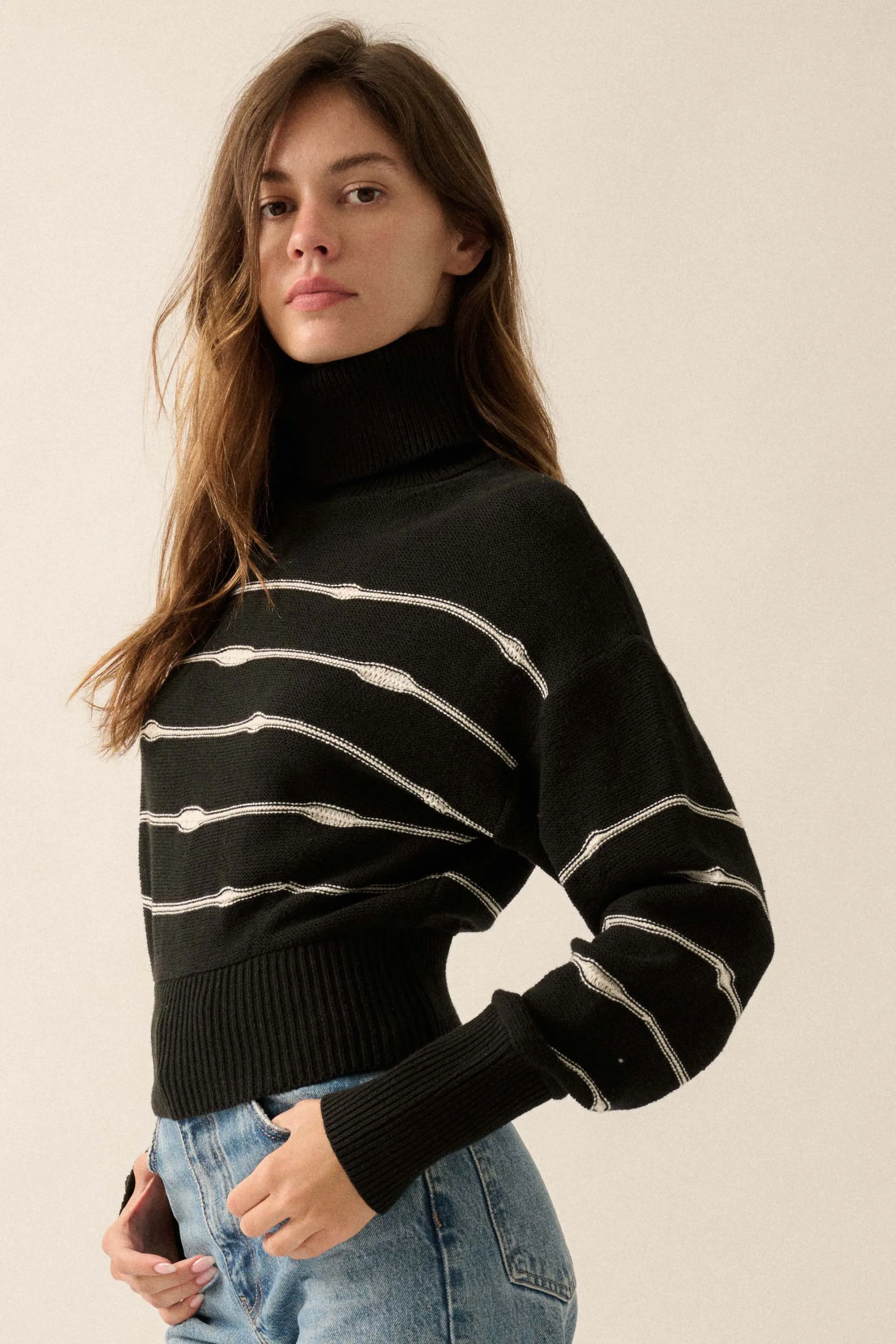 Draw the Line Striped Banded Turtleneck Sweater