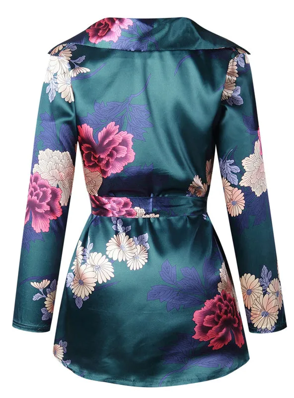 Floral Print Notched Dress Women Summer Long Sleeve Sexy Split