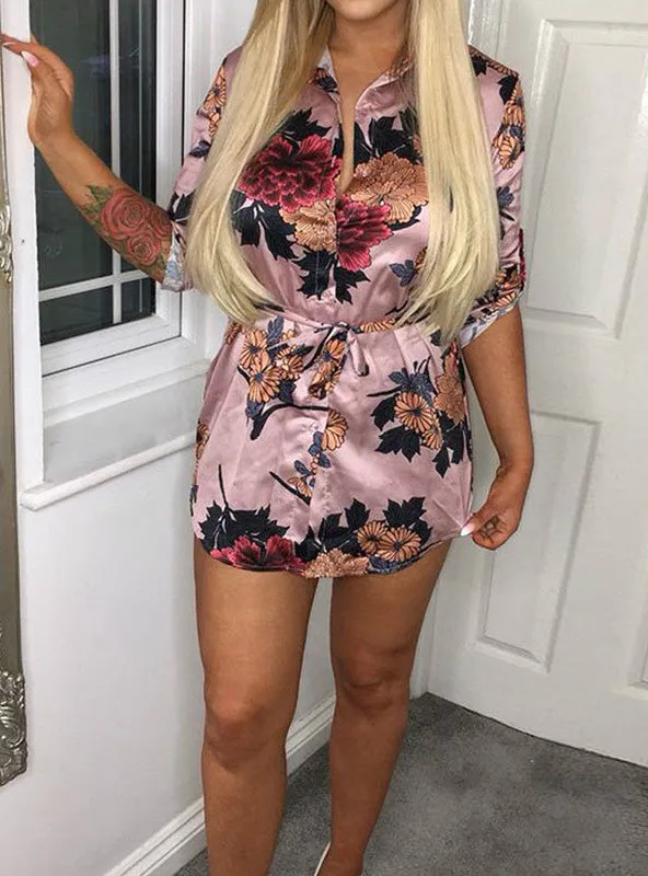 Floral Print Notched Dress Women Summer Long Sleeve Sexy Split