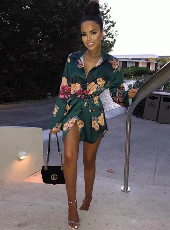 Floral Print Notched Dress Women Summer Long Sleeve Sexy Split