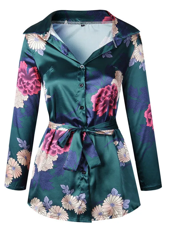 Floral Print Notched Dress Women Summer Long Sleeve Sexy Split