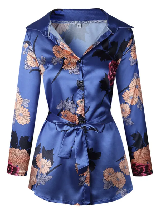 Floral Print Notched Dress Women Summer Long Sleeve Sexy Split