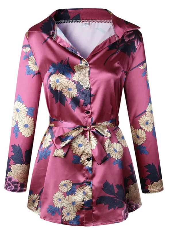 Floral Print Notched Dress Women Summer Long Sleeve Sexy Split