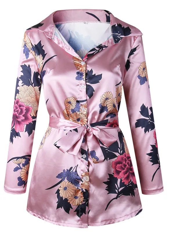 Floral Print Notched Dress Women Summer Long Sleeve Sexy Split