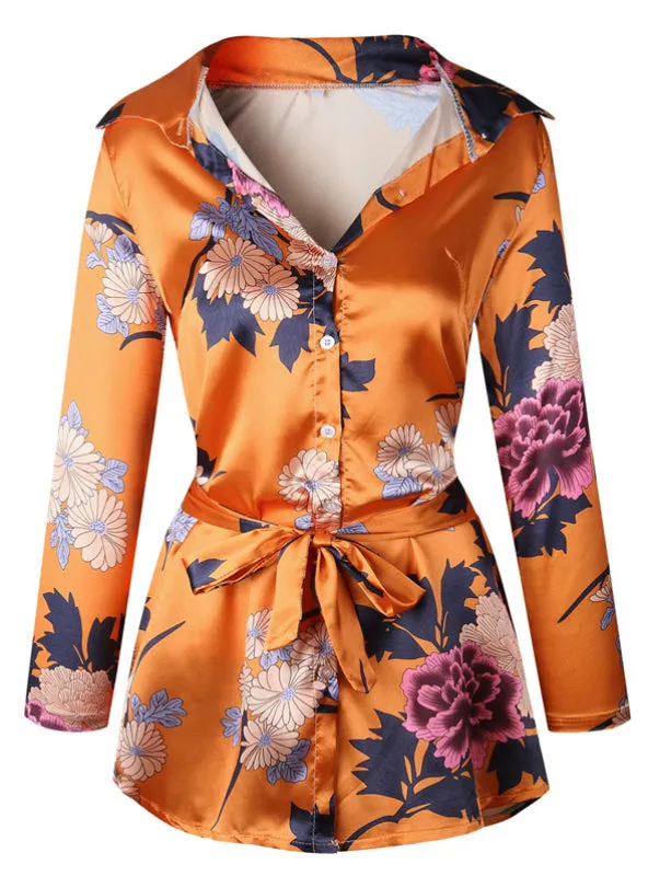 Floral Print Notched Dress Women Summer Long Sleeve Sexy Split