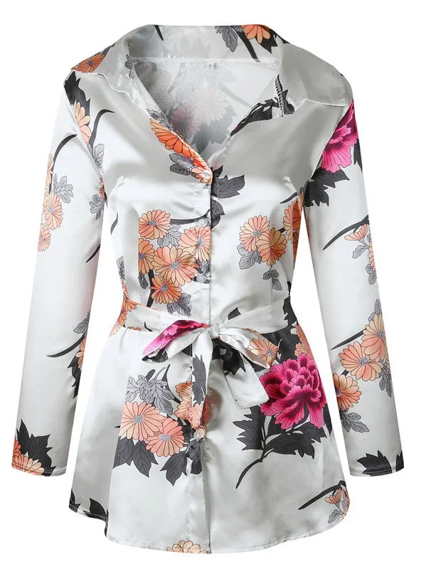 Floral Print Notched Dress Women Summer Long Sleeve Sexy Split