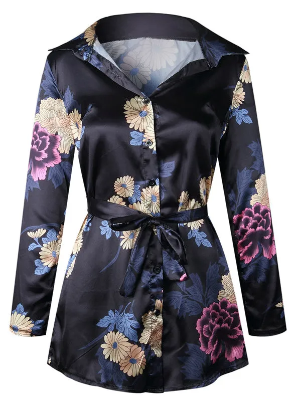 Floral Print Notched Dress Women Summer Long Sleeve Sexy Split