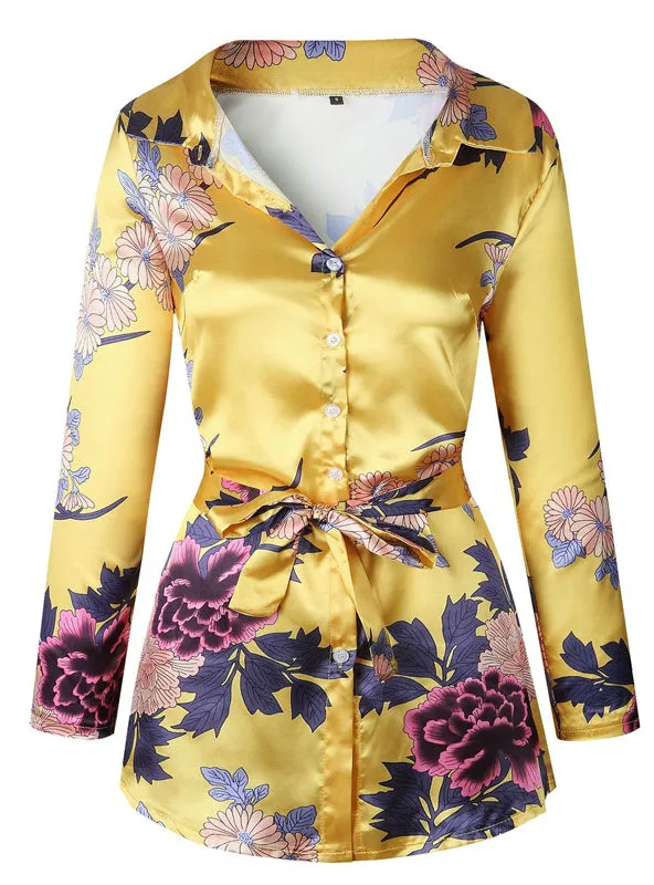 Floral Print Notched Dress Women Summer Long Sleeve Sexy Split