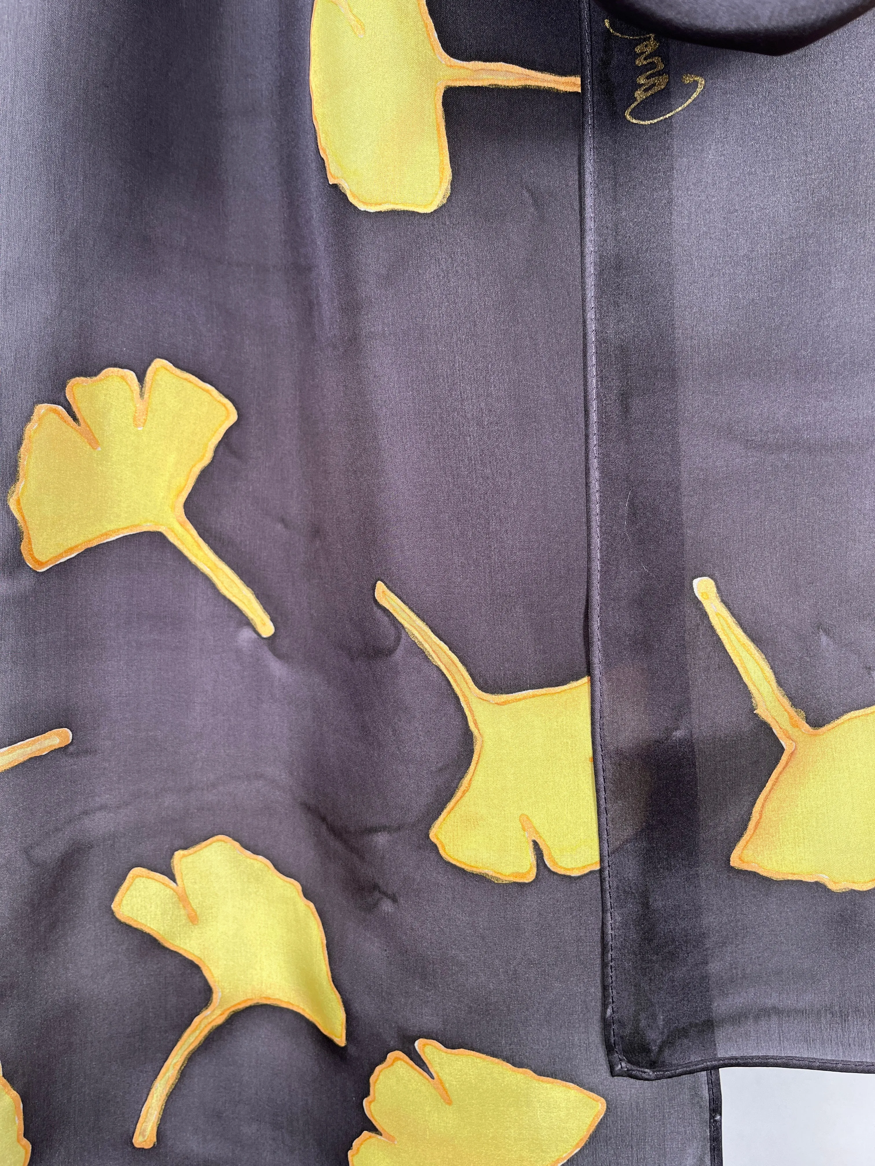 “Golden Gingko on Black" - Hand-dyed Silk Scarf - $135