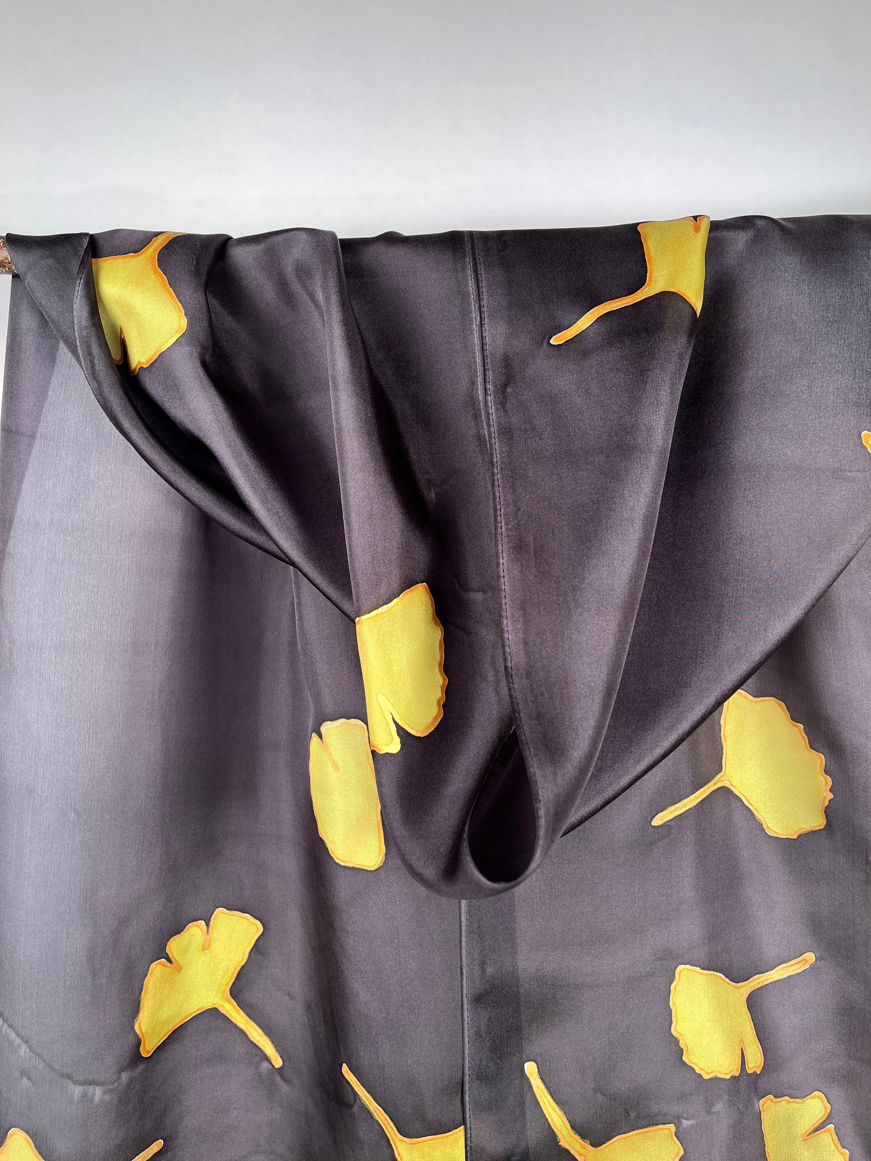 “Golden Gingko on Black" - Hand-dyed Silk Scarf - $135