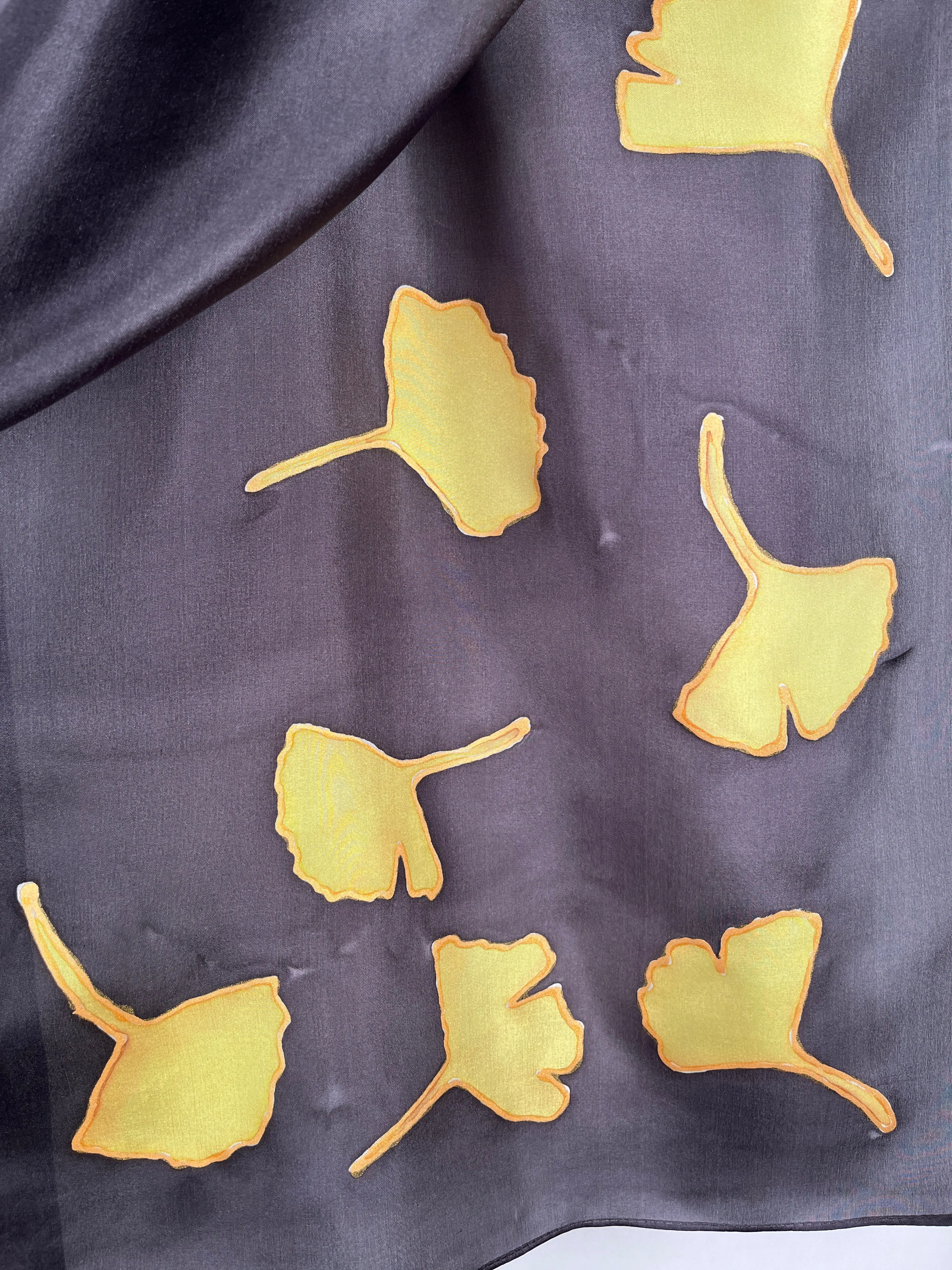 “Golden Gingko on Black" - Hand-dyed Silk Scarf - $135
