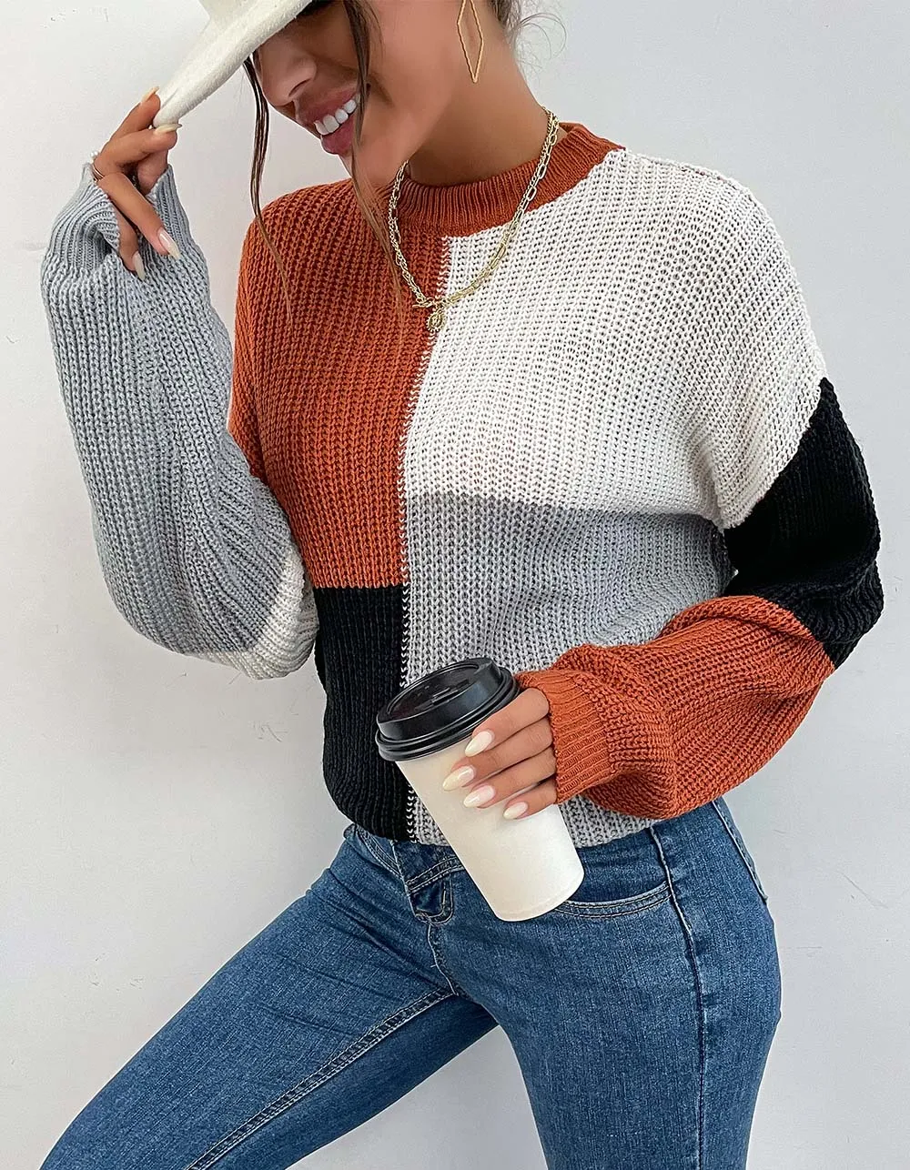 Half Turtleneck Colorblock Loose Long Sleeve Knit Top