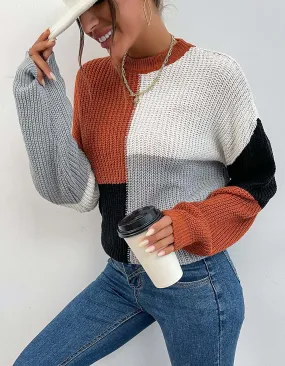 Half Turtleneck Colorblock Loose Long Sleeve Knit Top