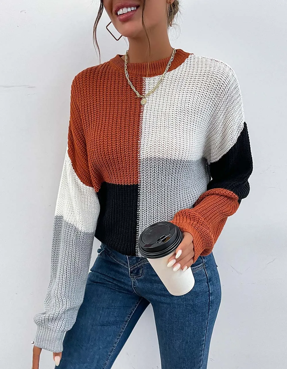 Half Turtleneck Colorblock Loose Long Sleeve Knit Top