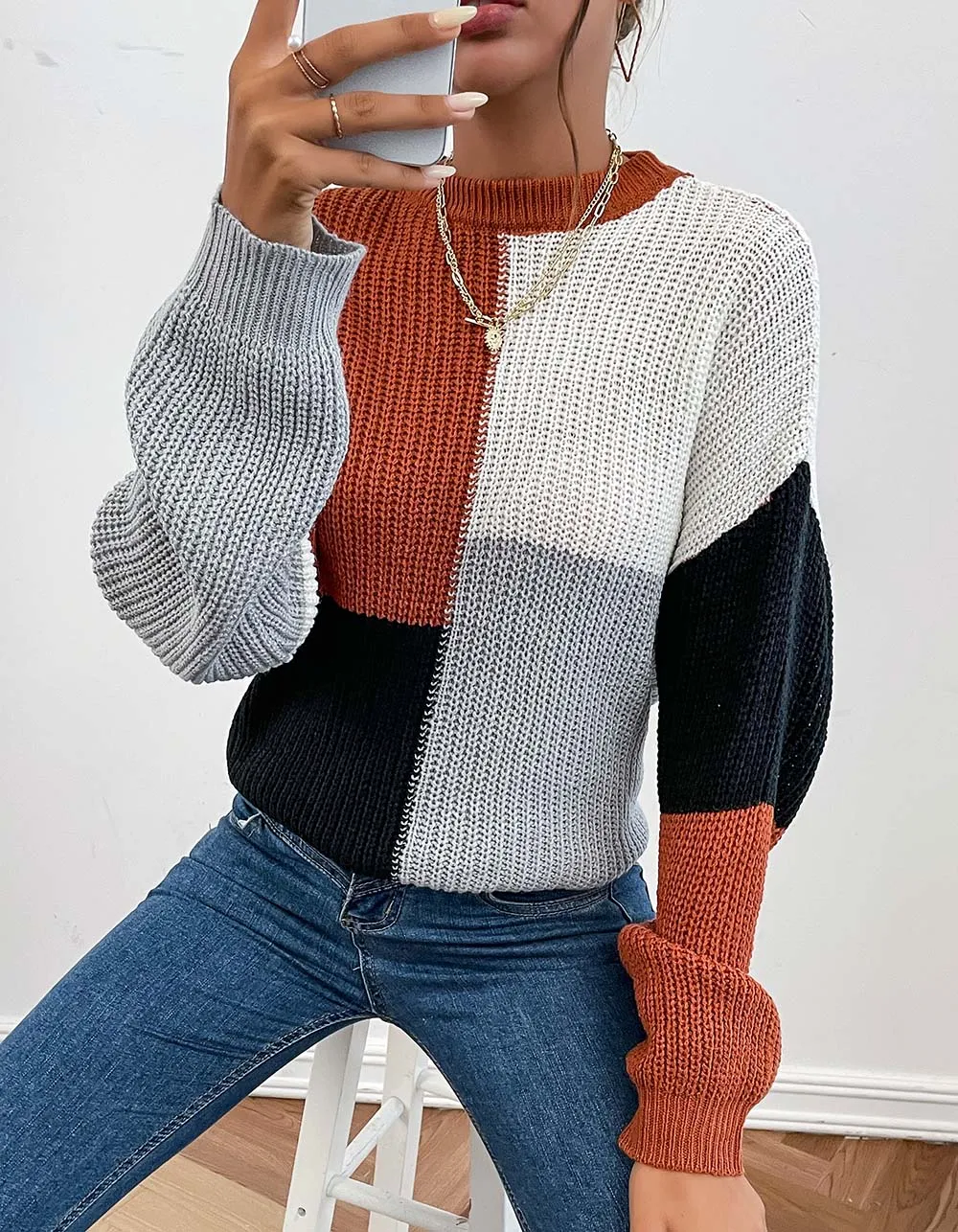 Half Turtleneck Colorblock Loose Long Sleeve Knit Top