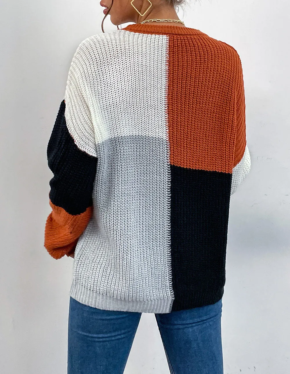 Half Turtleneck Colorblock Loose Long Sleeve Knit Top