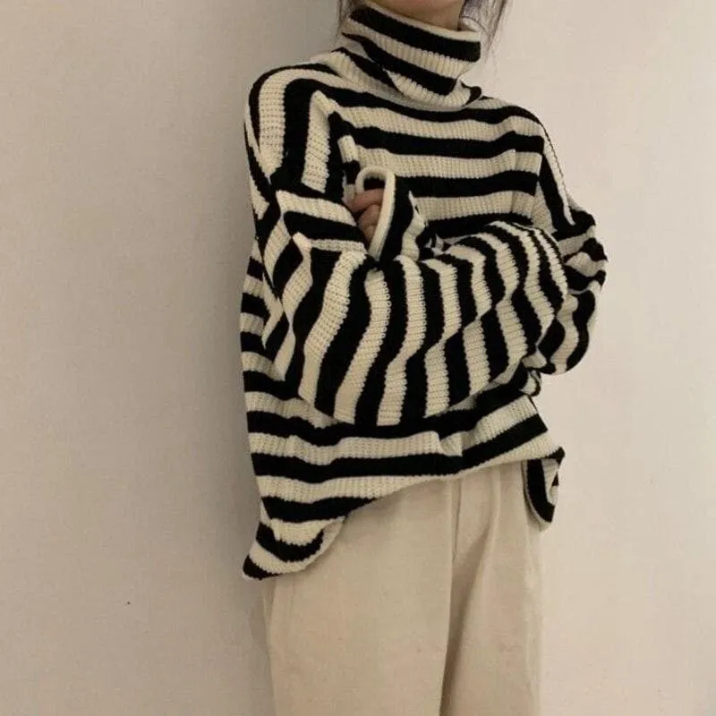 Knit High Collar Pullover with Stripes