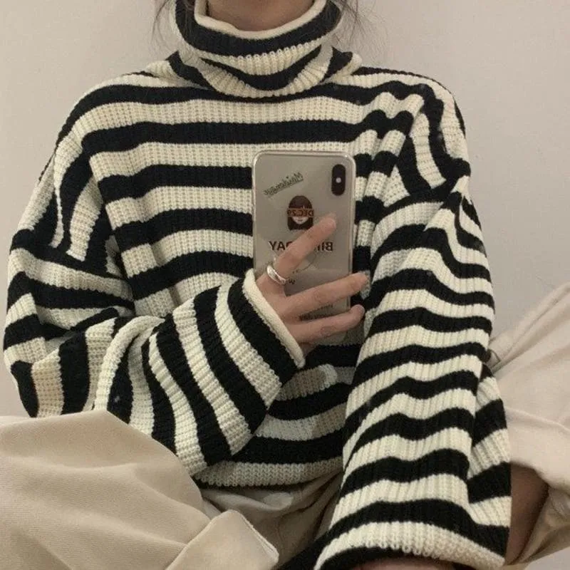 Knit High Collar Pullover with Stripes