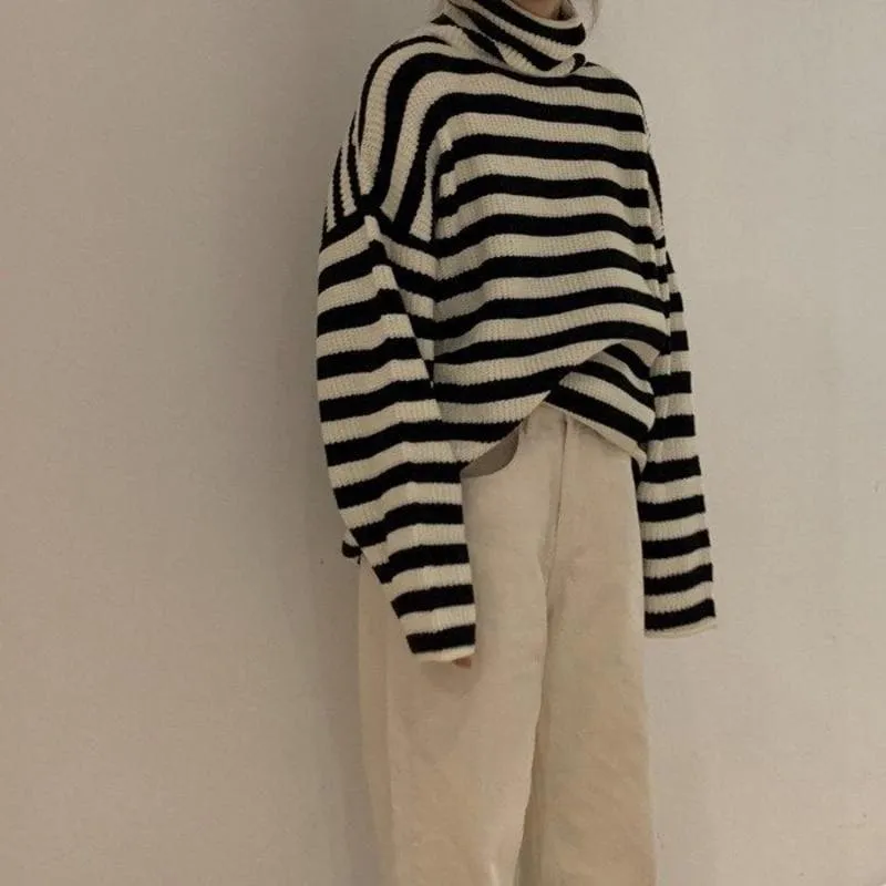 Knit High Collar Pullover with Stripes