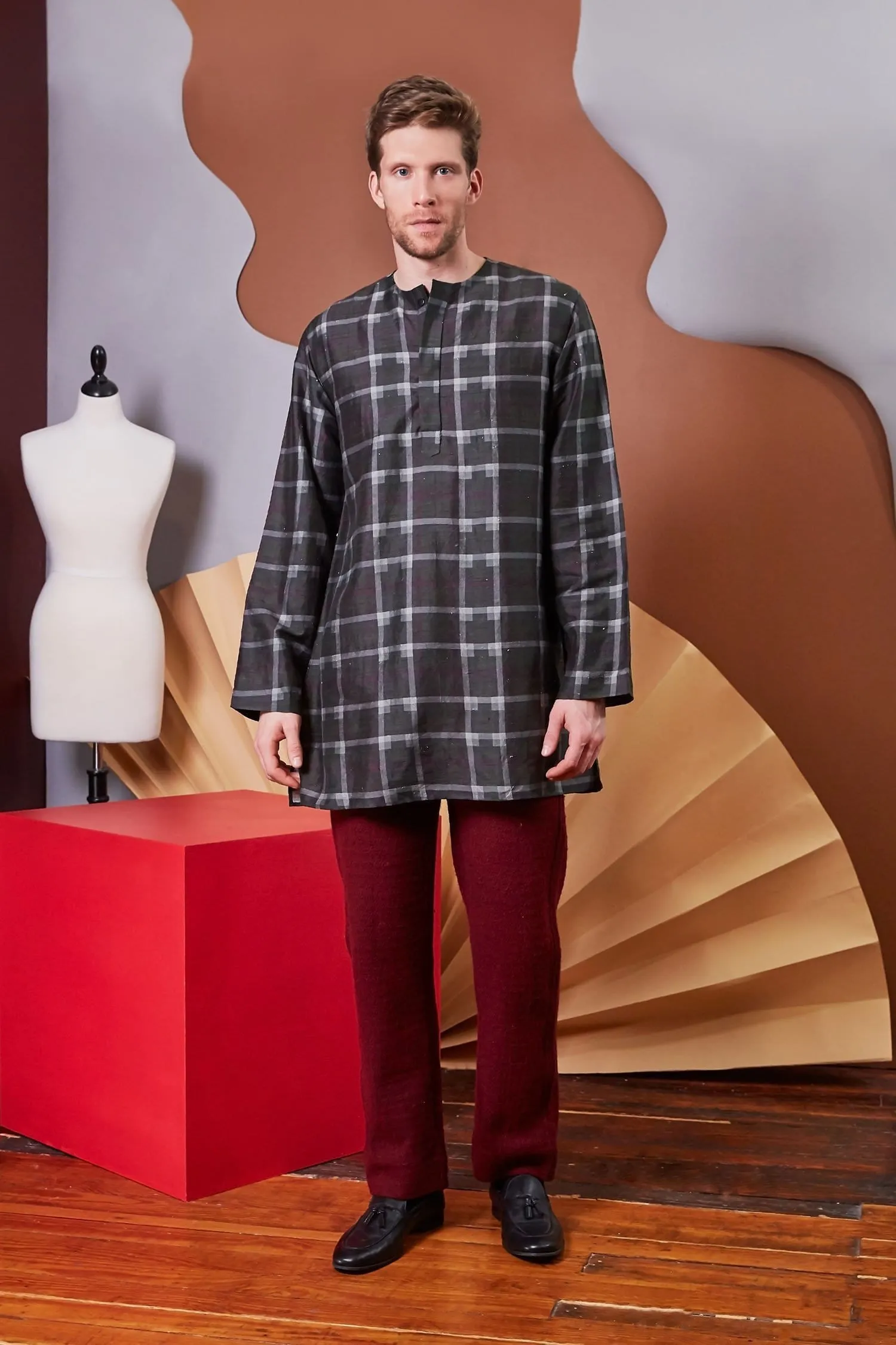 Lavanya Coodly Men's Blythe Charcoal Silk Shirt with Henley Neckline